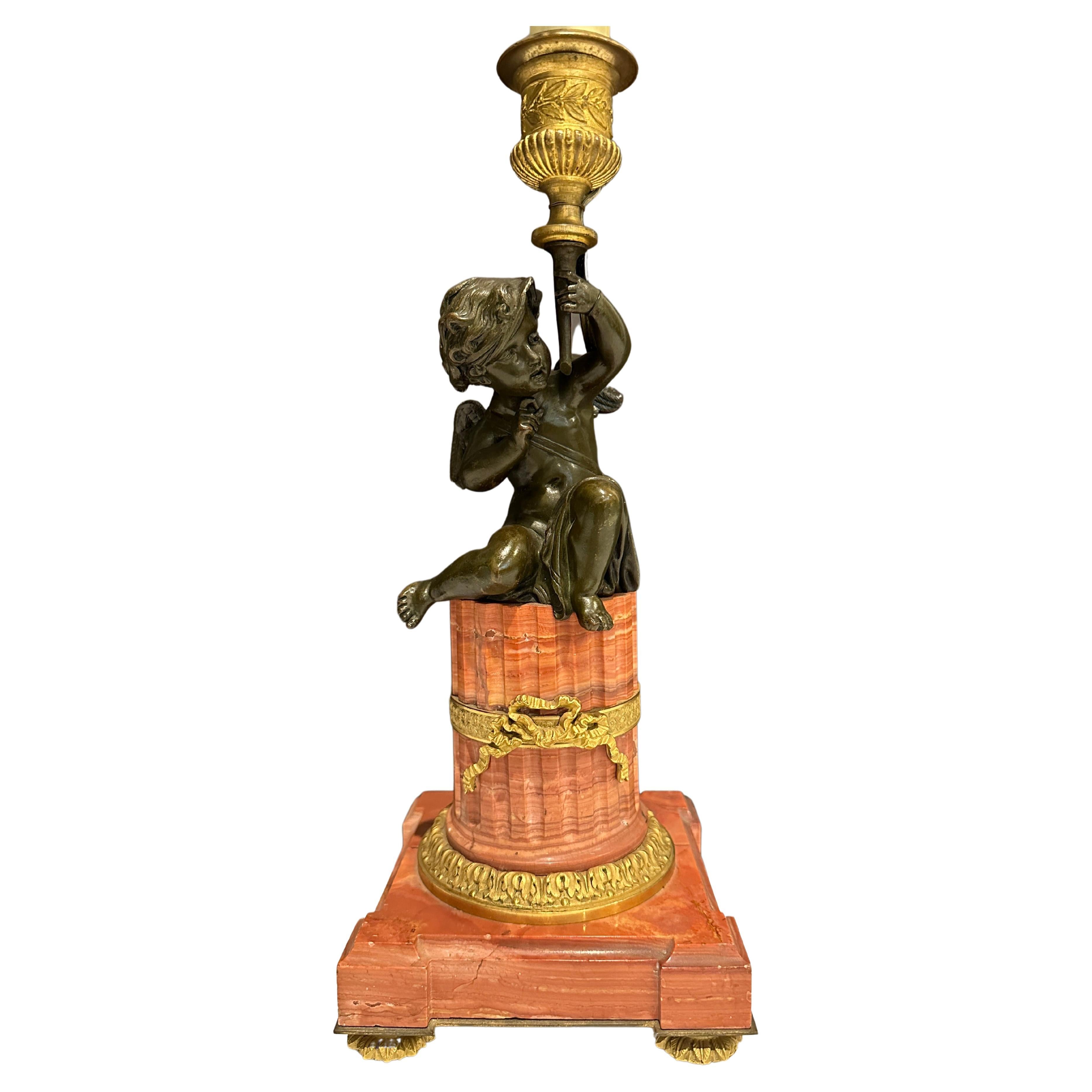 19th Century Louis XVI Bronze and Marble Figural Lamp For Sale