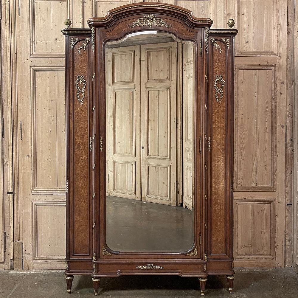 Beveled 19th Century Louis XVI Bronze Mounted Mahogany Armoire by Schmit of Paris For Sale
