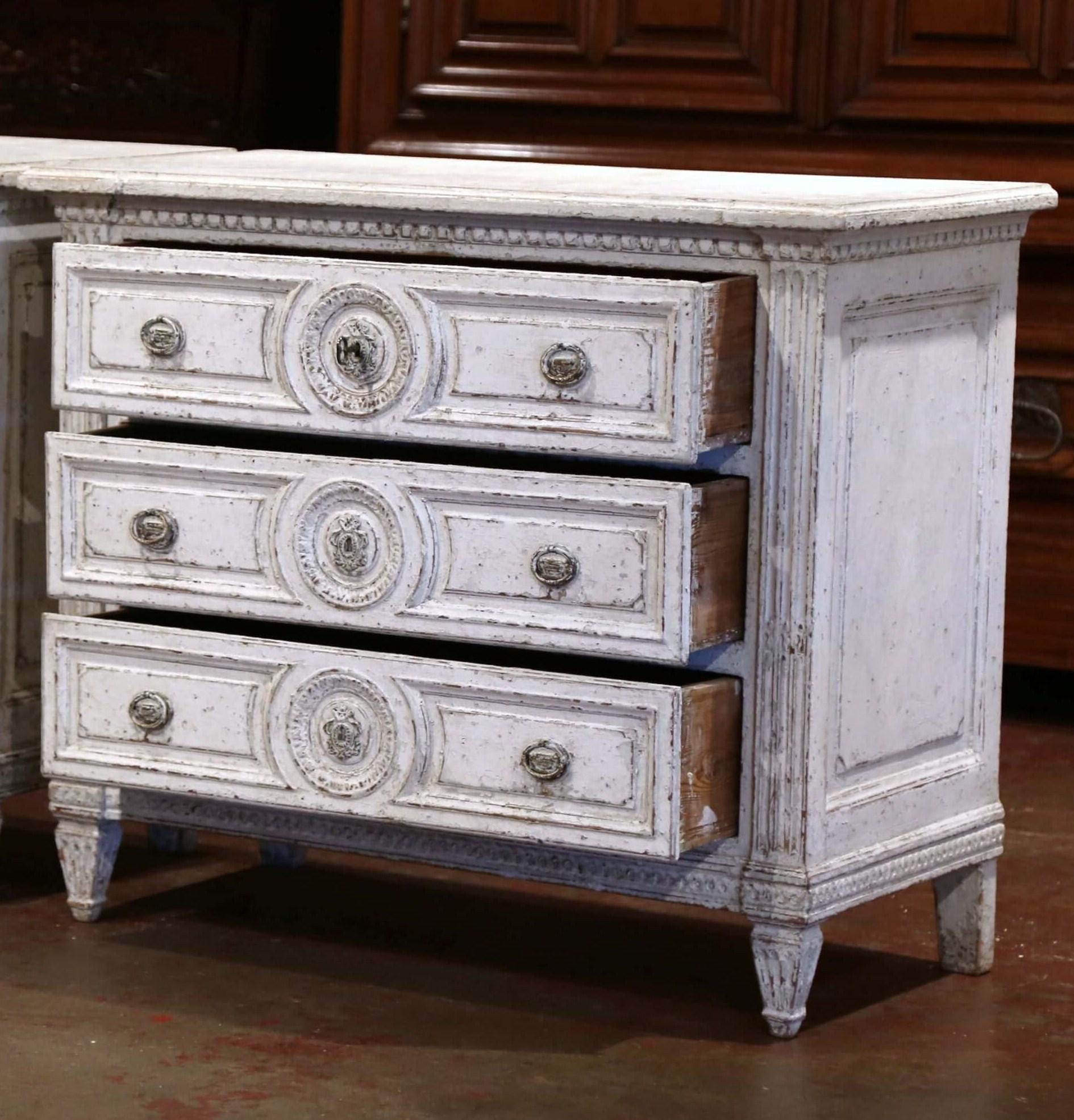 French 19th Century Louis XVI Carved and Painted Three-Drawer Commode Chest For Sale
