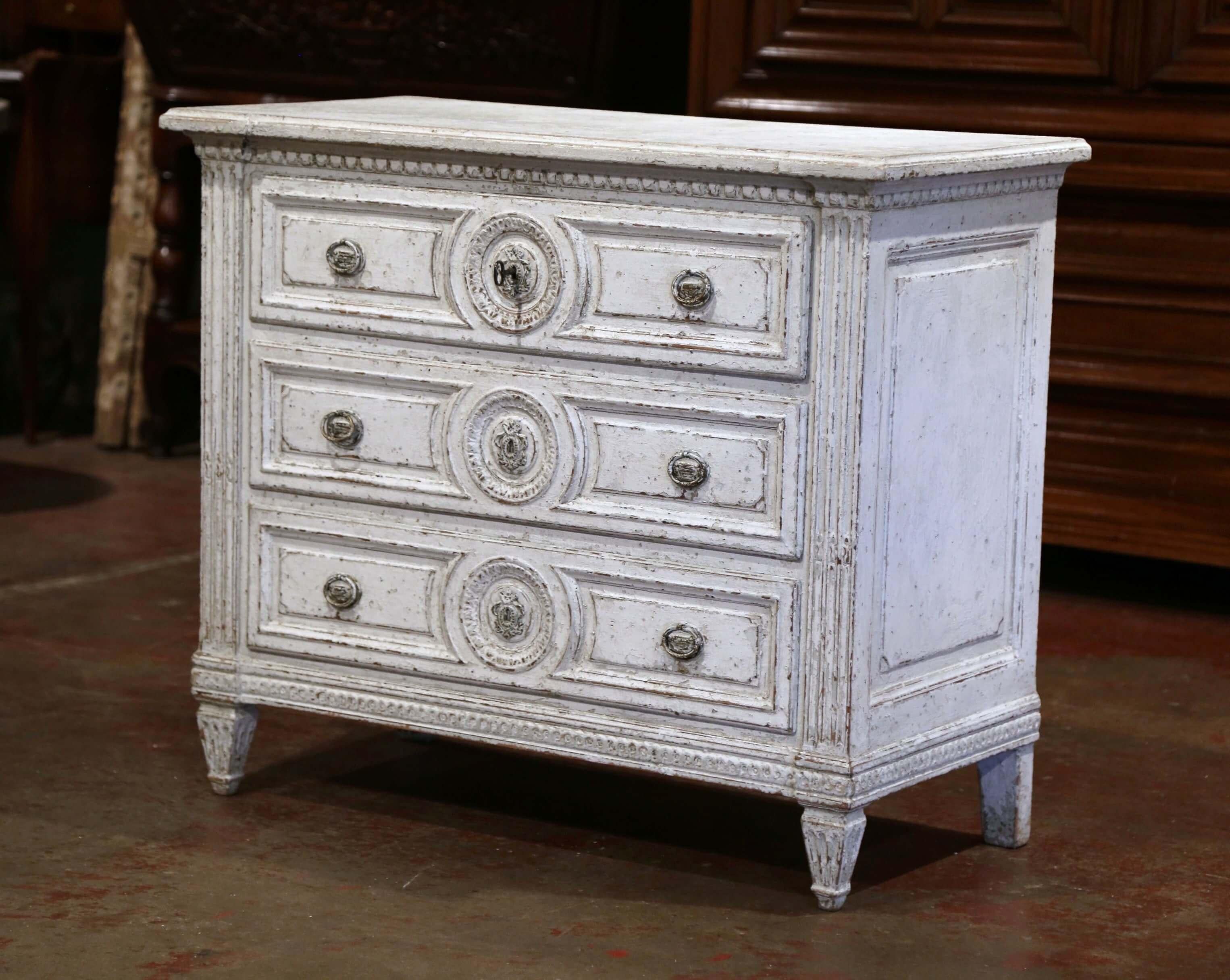 Hand-Painted 19th Century Louis XVI Carved and Painted Three-Drawer Commode Chest For Sale