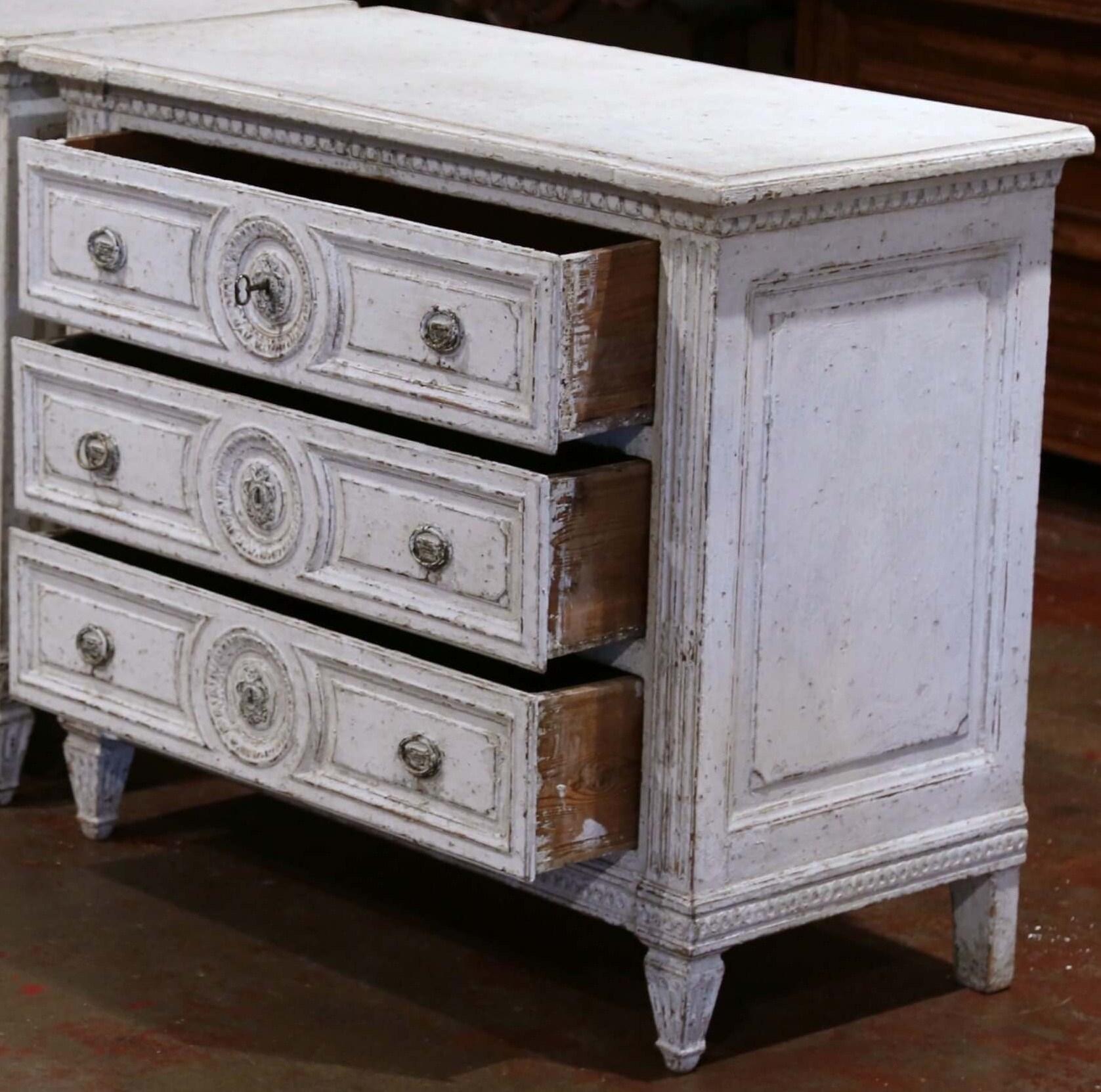 19th Century Louis XVI Carved and Painted Three-Drawer Commode Chest For Sale 1