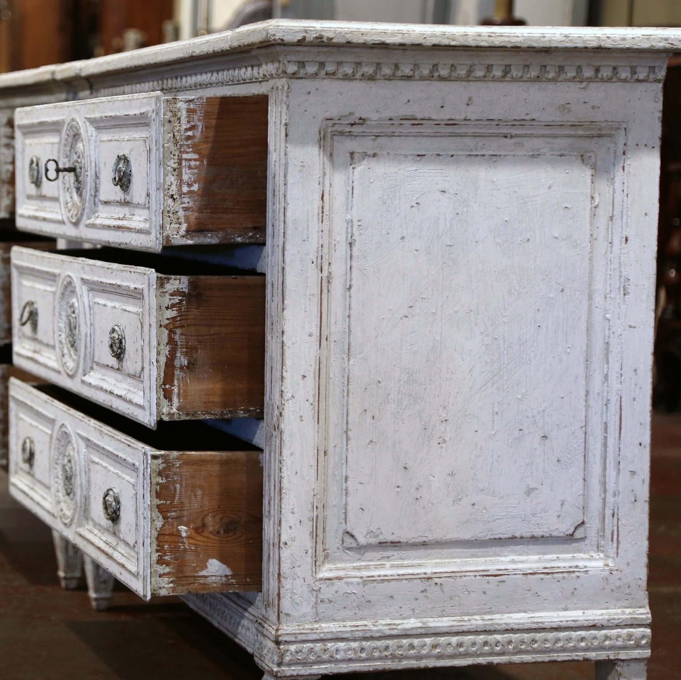 19th Century Louis XVI Carved and Painted Three-Drawer Commode Chest For Sale 2