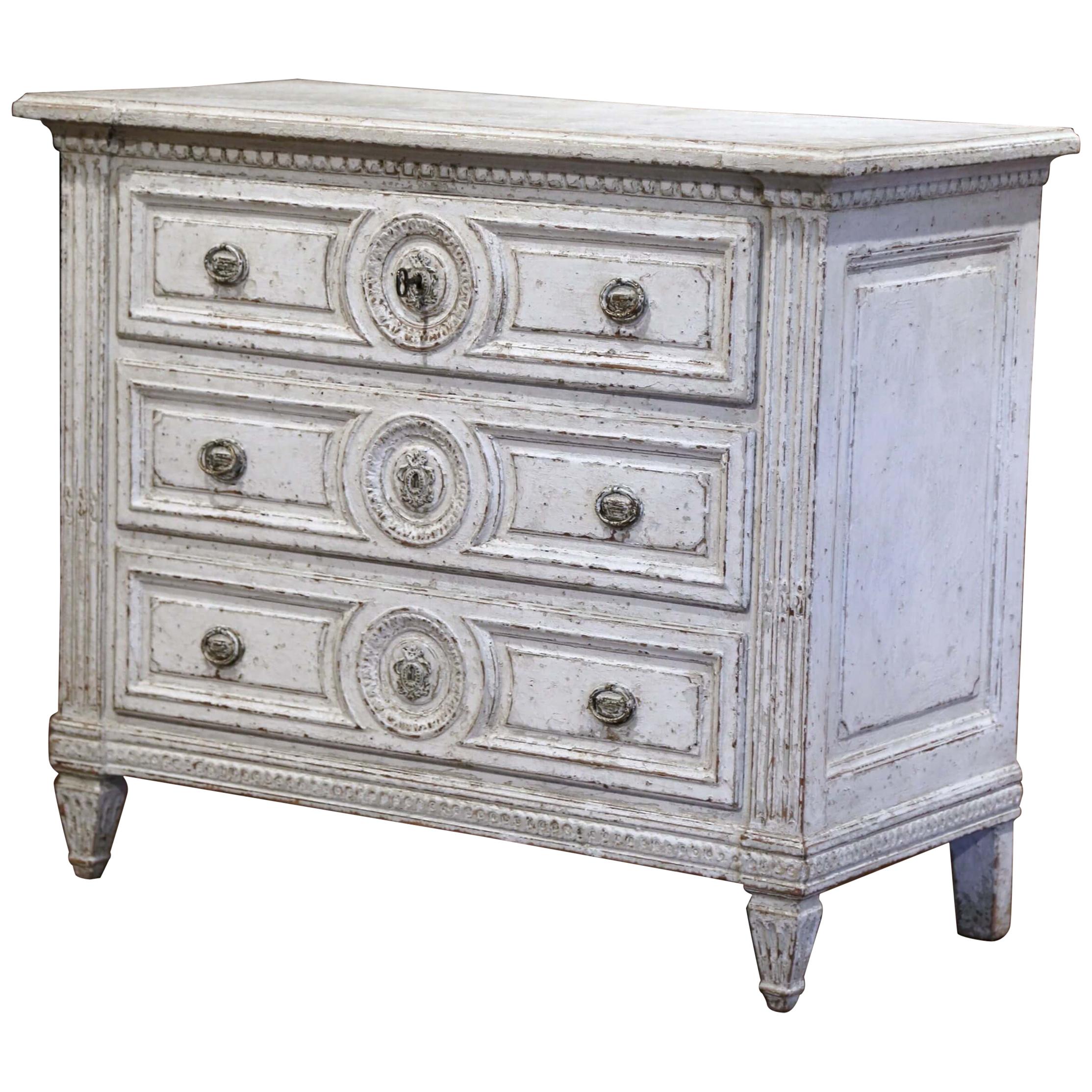 19th Century Louis XVI Carved and Painted Three-Drawer Commode Chest