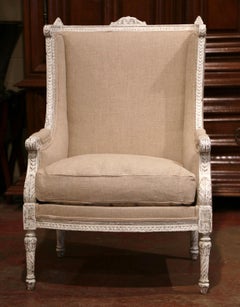 19th Century Louis XVI Carved Painted Bergère Armchair with Burlap Upholstery