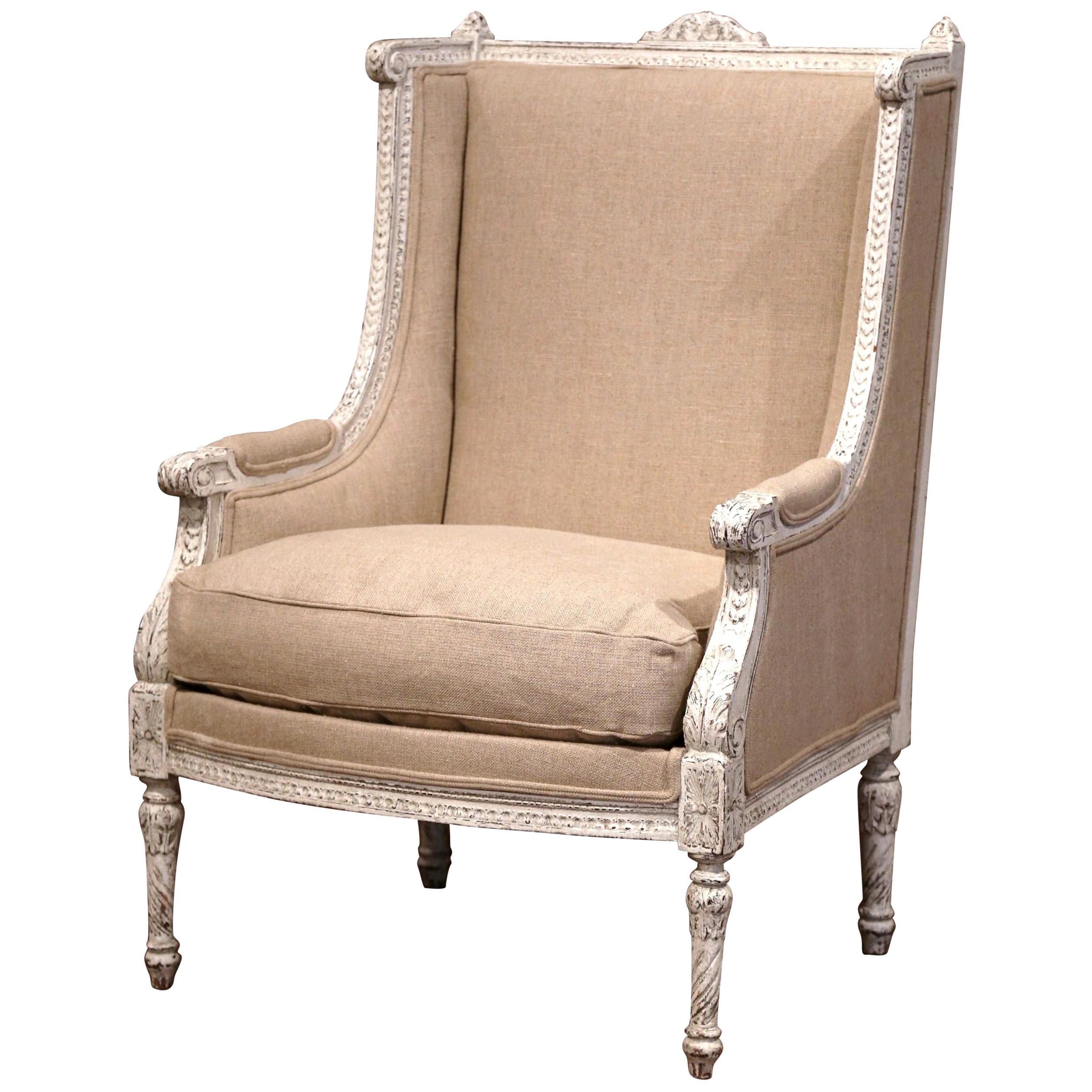 19th Century Louis XVI Carved Painted Bergère Armchair with Burlap