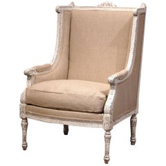 19th Century Louis XVI Carved Painted Bergère Armchair with Burlap Upholstery