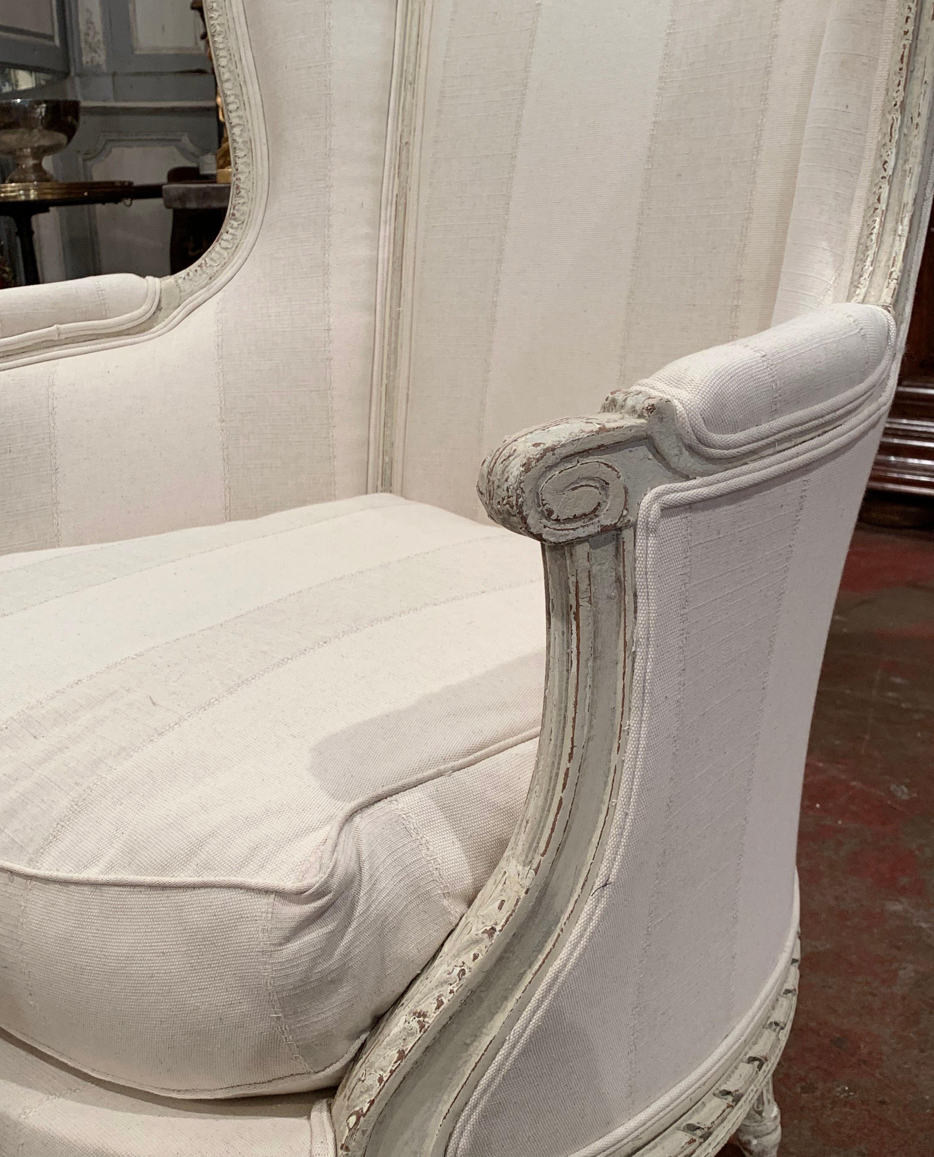 19th Century Louis XVI Carved Painted Bergère Armchair with Striped Fabric 1