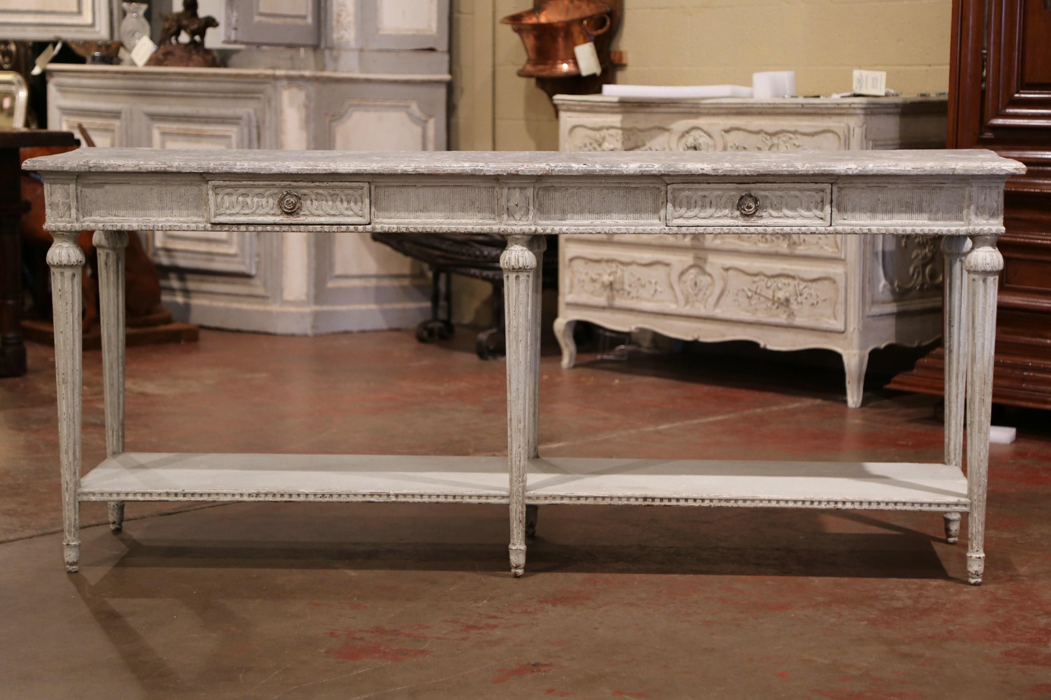 French 19th Century Louis XVI Carved Painted Console with Faux Marble Top