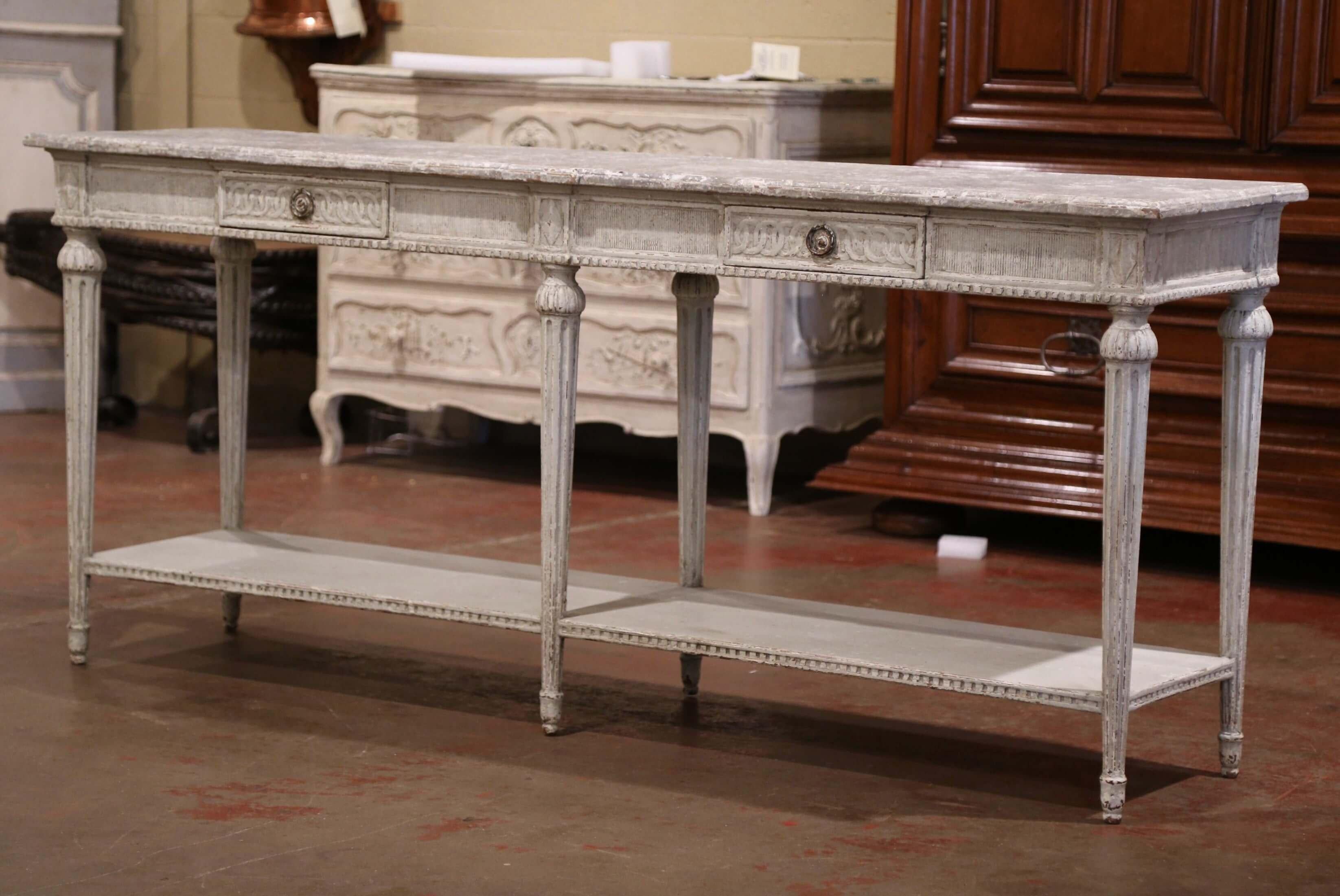19th Century Louis XVI Carved Painted Console with Faux Marble Top In Excellent Condition In Dallas, TX