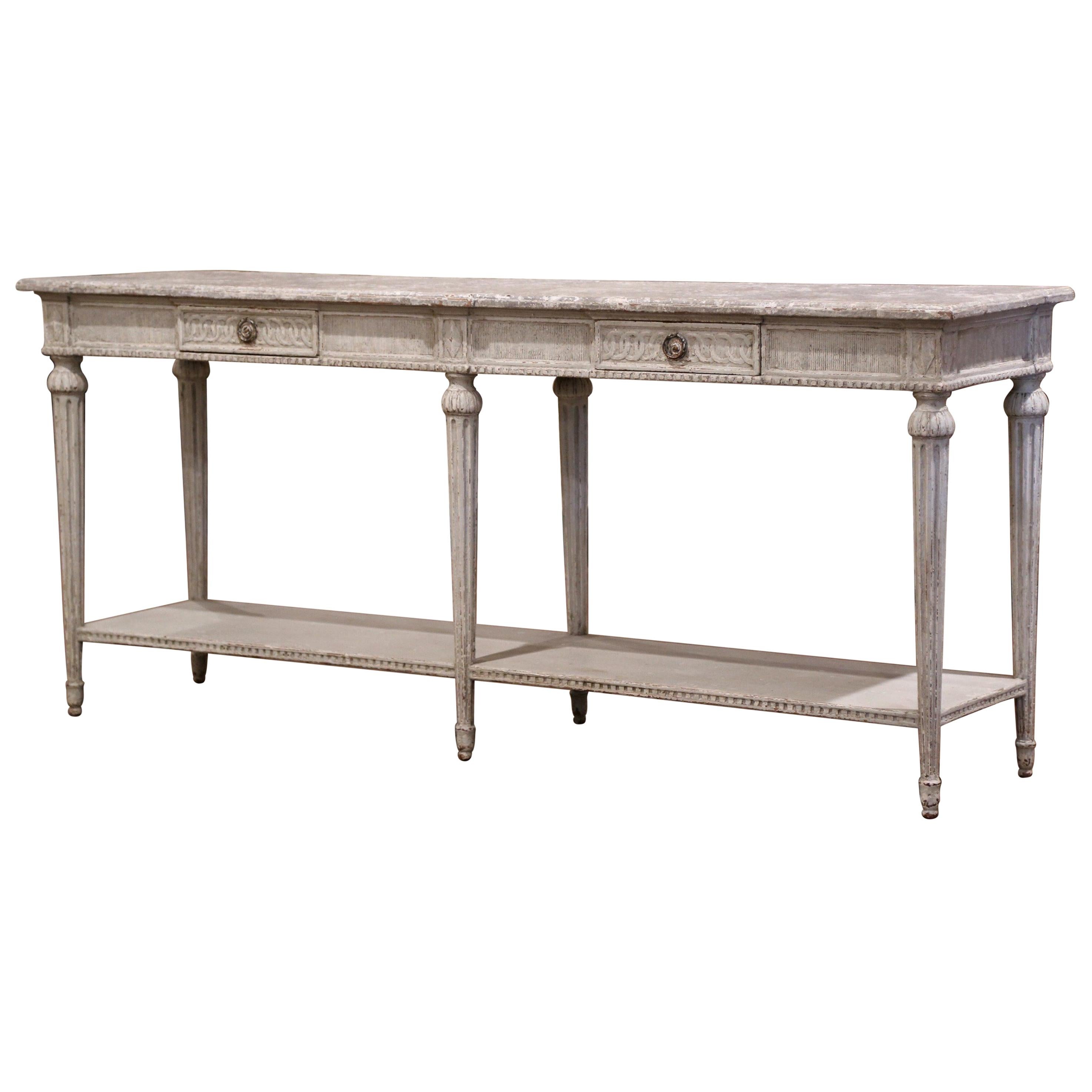 19th Century Louis XVI Carved Painted Console with Faux Marble Top