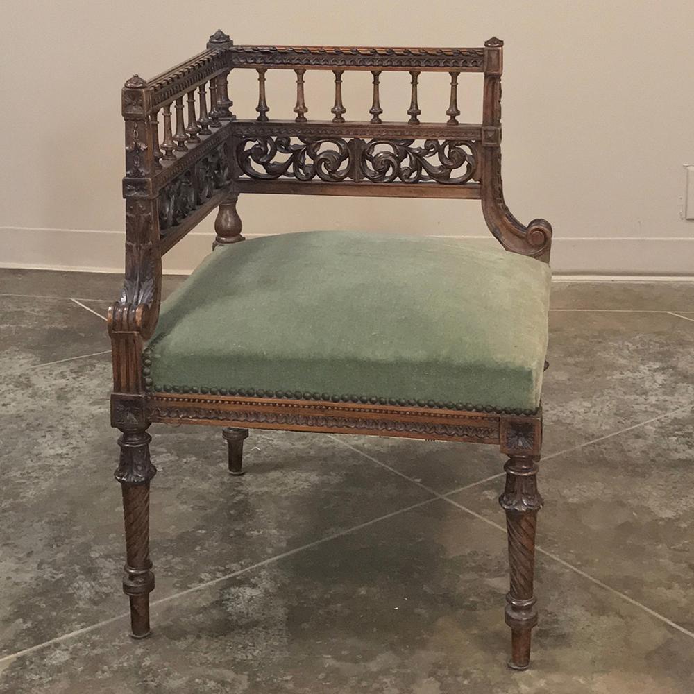 An intriguing variation on the basic armchair or vanity bench, this 19th century Louis XVI neoclassical corner chair - armbench is perfect for stashing in, well, a corner! Normally corners are wasted space, but with this design, can not only be
