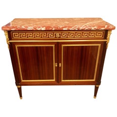 19th Century Louis XVI French Marble Top Greek Key Commode, Server or Cabinet