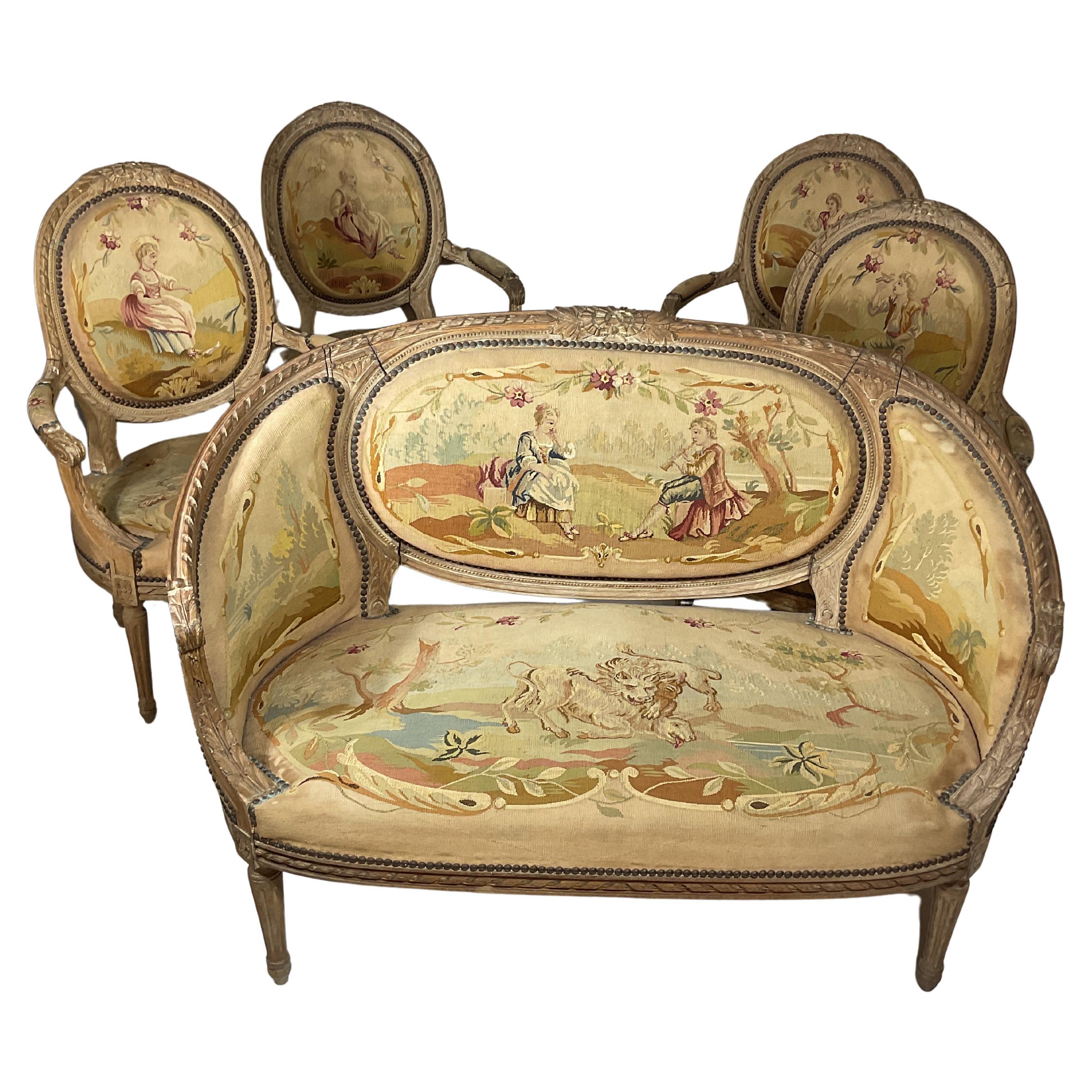 19th Century Louis XVI French Settee and Four Arm Chairs