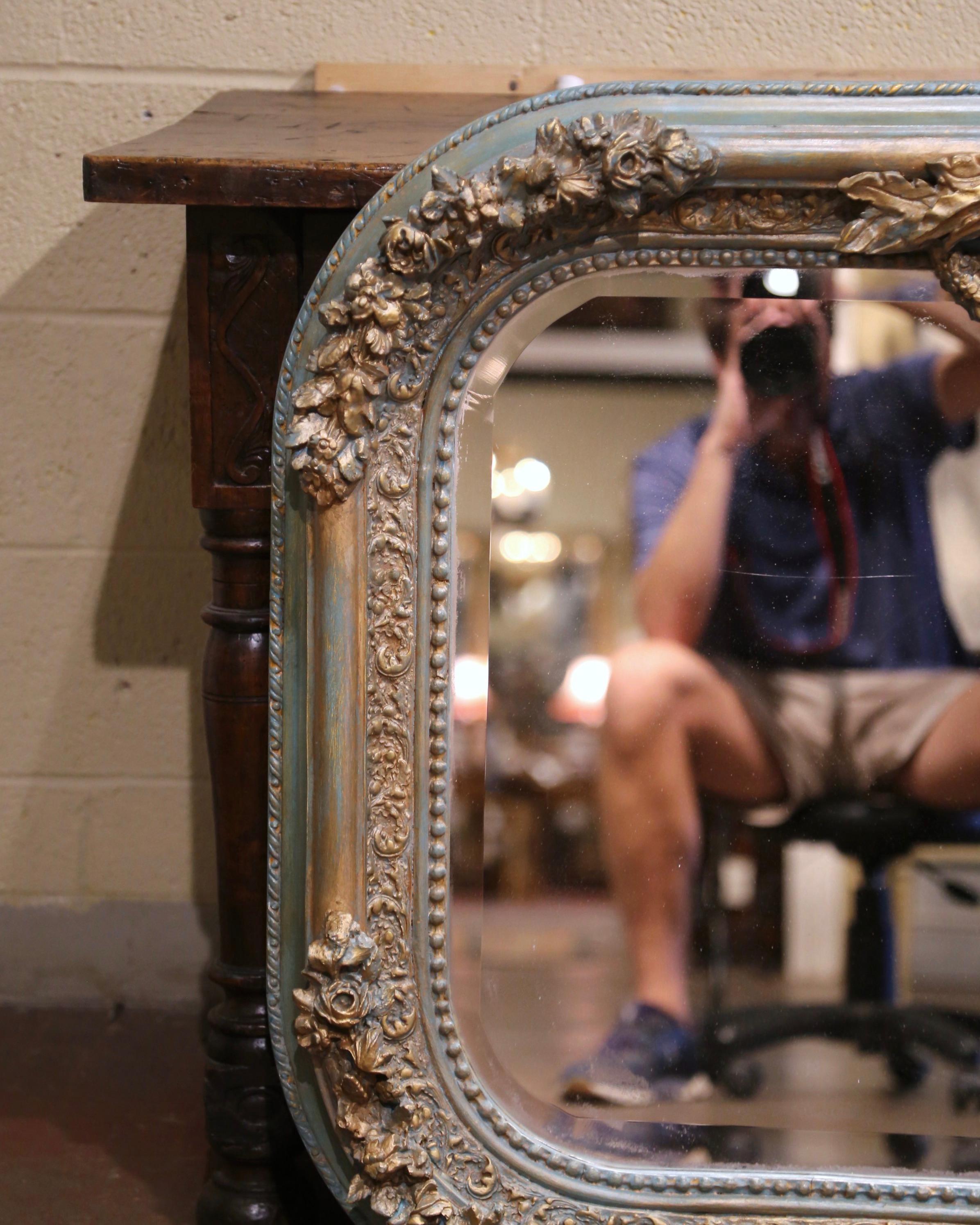 French 19th Century Louis XVI Gilt and Turquoise Painted Mirror with Foliage Motifs