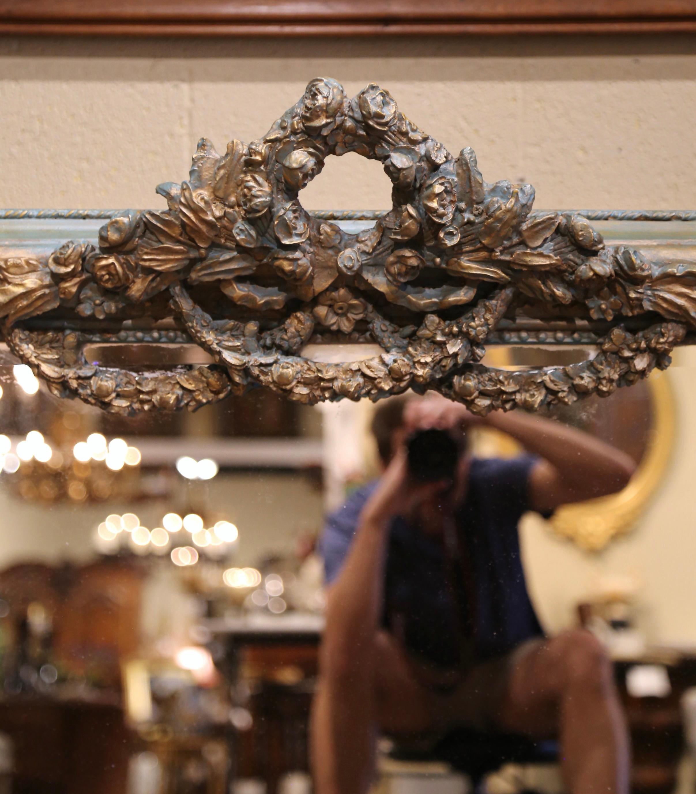 Beveled 19th Century Louis XVI Gilt and Turquoise Painted Mirror with Foliage Motifs