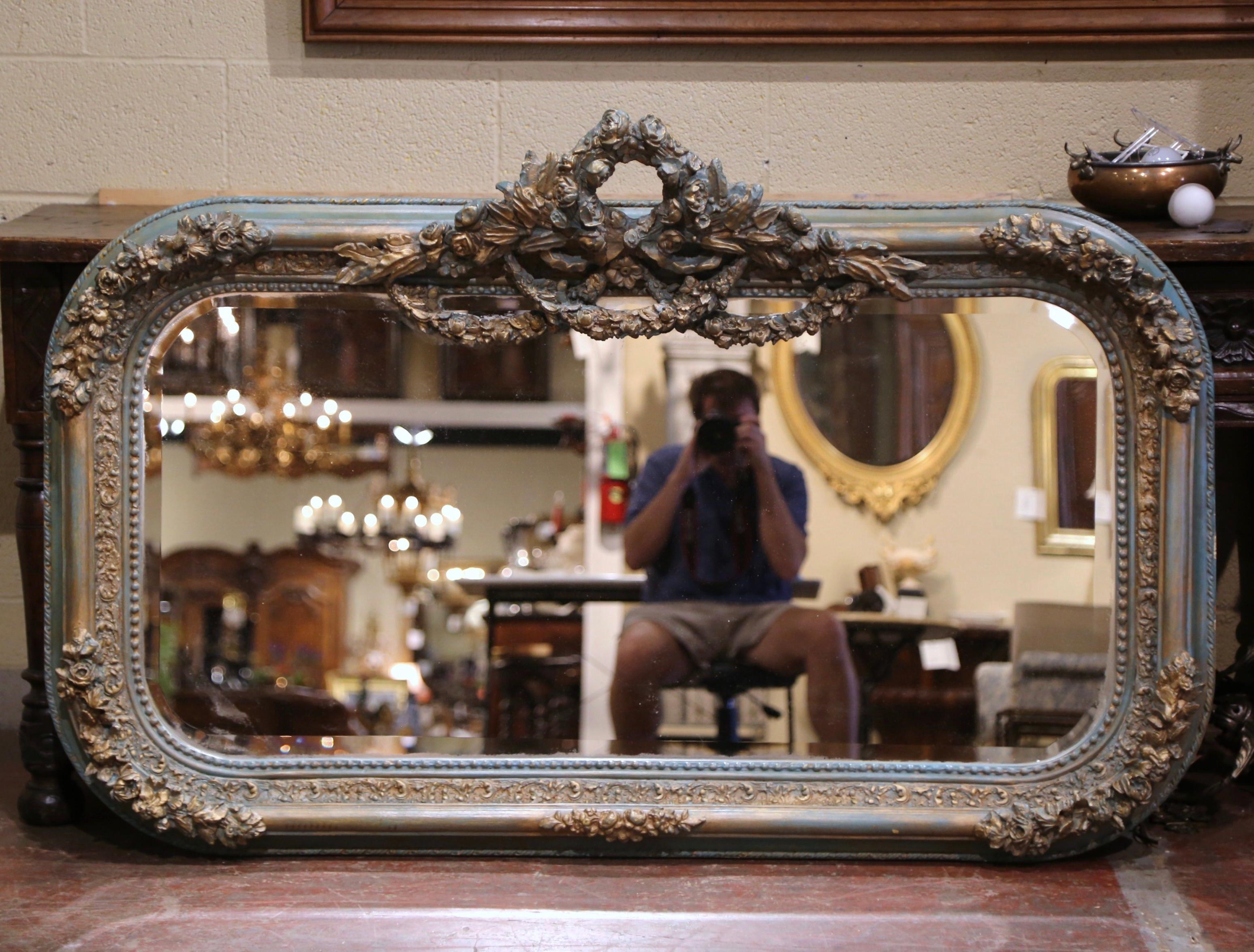 Glass 19th Century Louis XVI Gilt and Turquoise Painted Mirror with Foliage Motifs