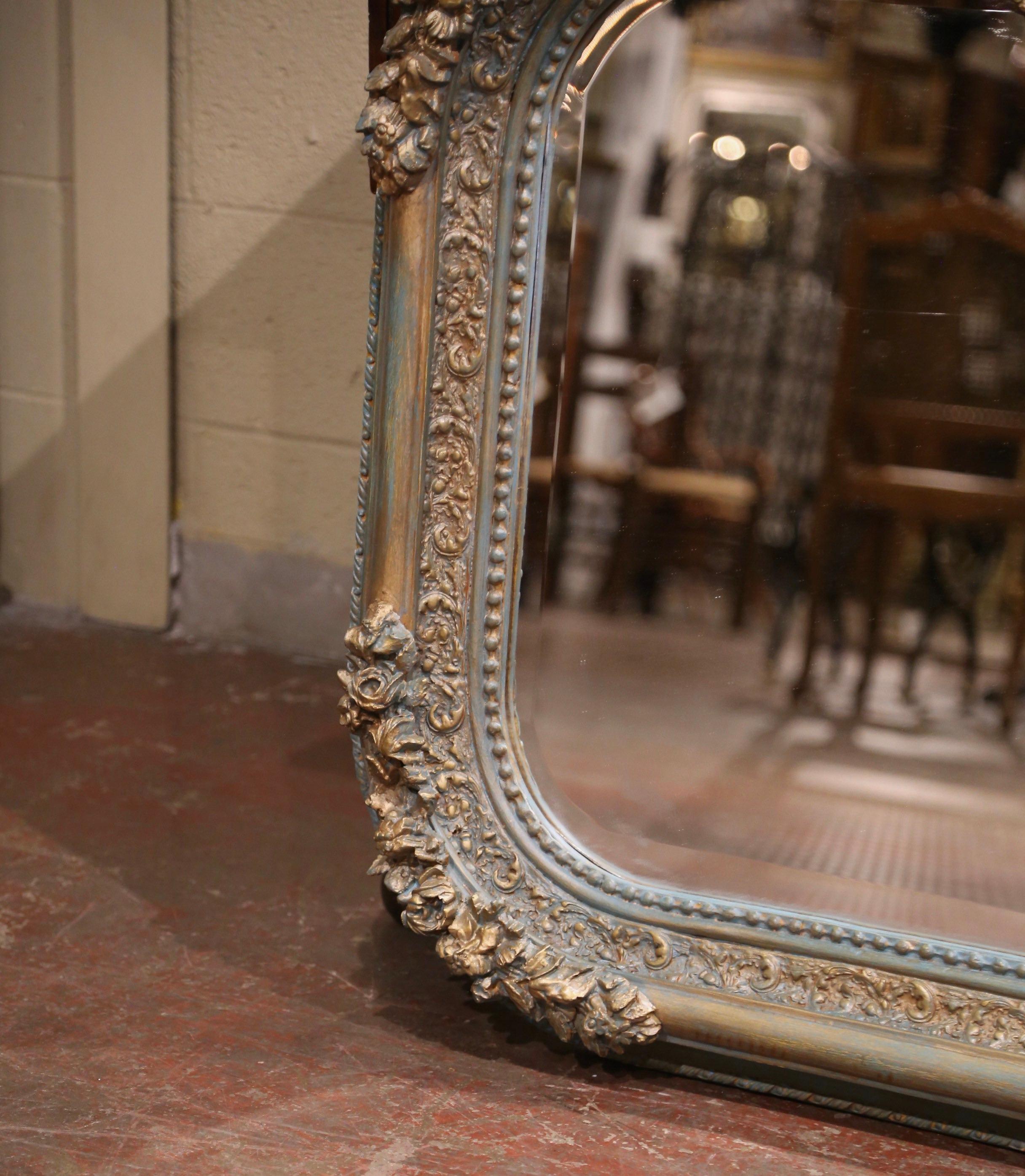 19th Century Louis XVI Gilt and Turquoise Painted Mirror with Foliage Motifs 1