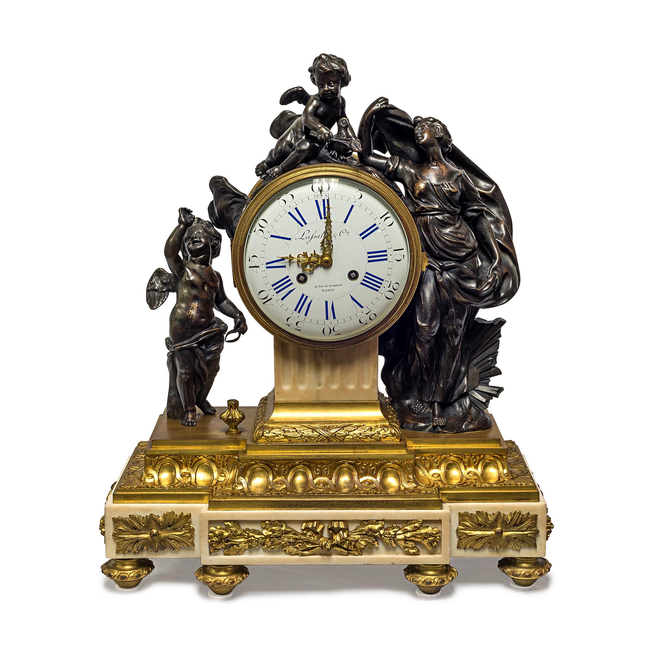 Fine quality Louis XVI gilt and patinated bronze figural mantel clock of Venus with cherubs.
Fine quality Louis XVI gilt and patinated bronze figural mantel clock of Venus with cherubs on marble base. Movement by Lafsalle & Cie. 21, Rue de
