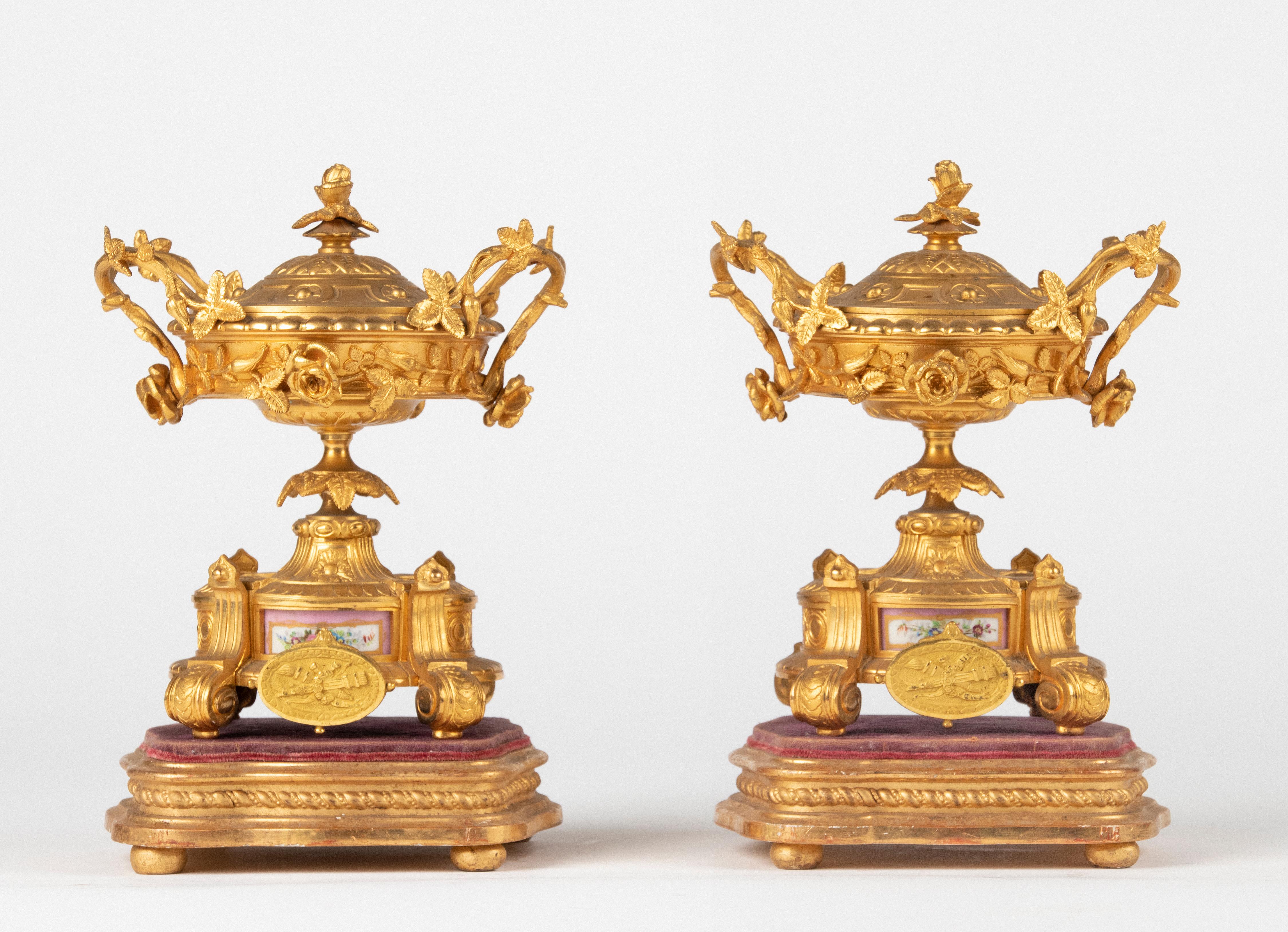 French 19th Century Louis XVI Gilt Bronze and Sèvres Lidded Urns