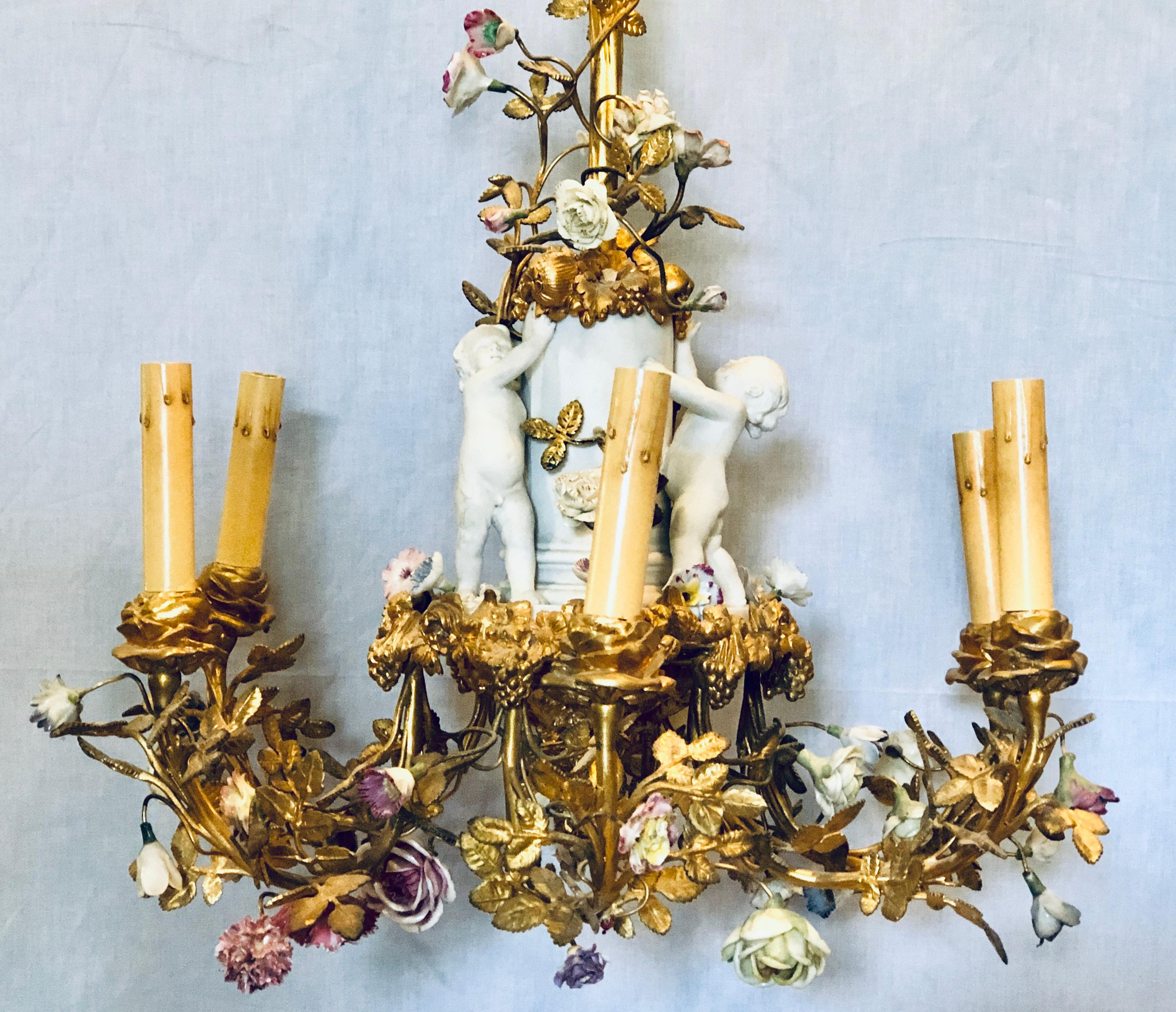 French 19th Century Louis XVI Gilt Bronze Meissen and Sevres Parian Chandelier For Sale