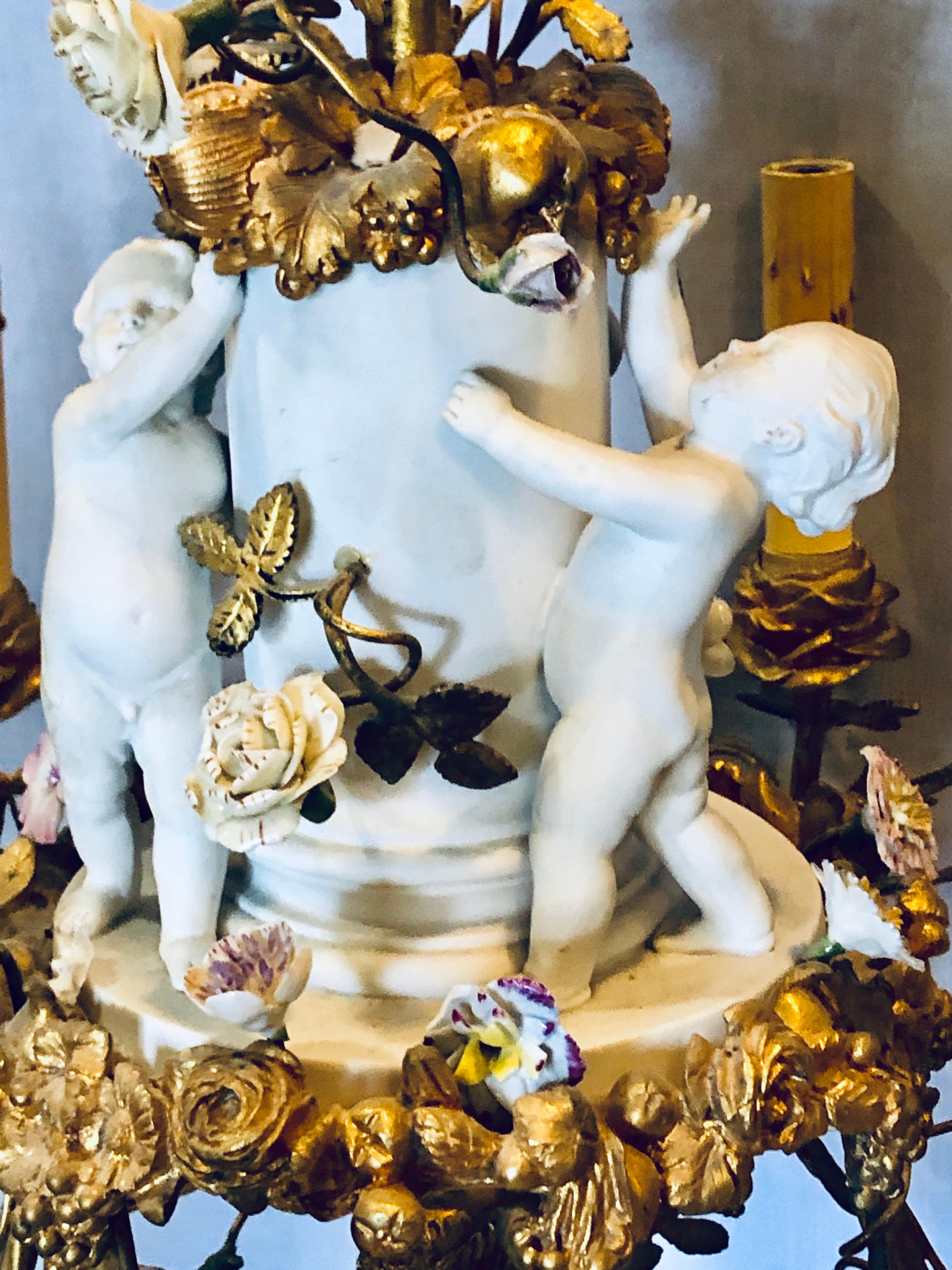 19th Century Louis XVI Gilt Bronze Meissen and Sevres Parian Chandelier For Sale 2