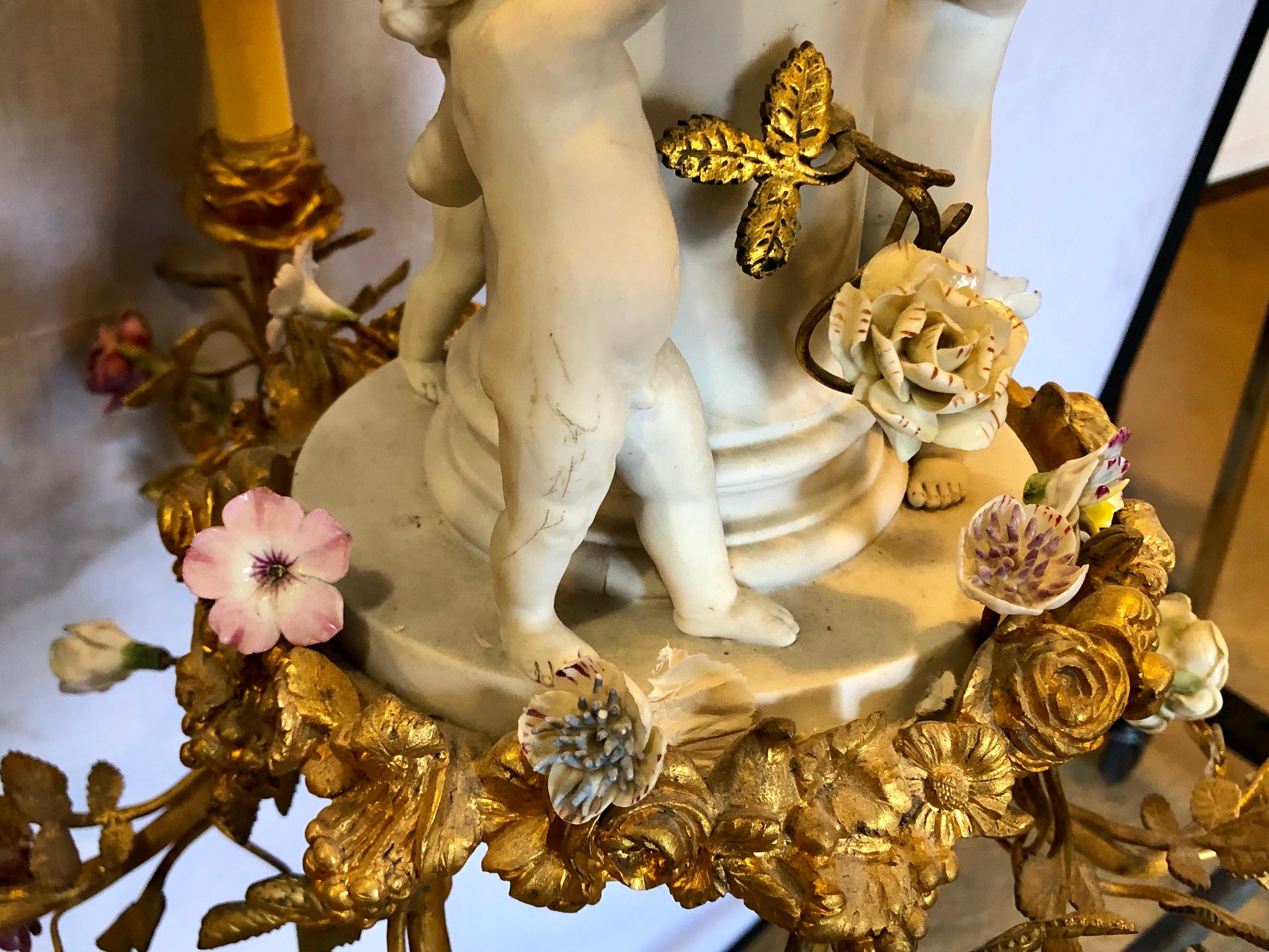 19th Century Louis XVI Gilt Bronze Meissen and Sevres Parian Chandelier For Sale 4