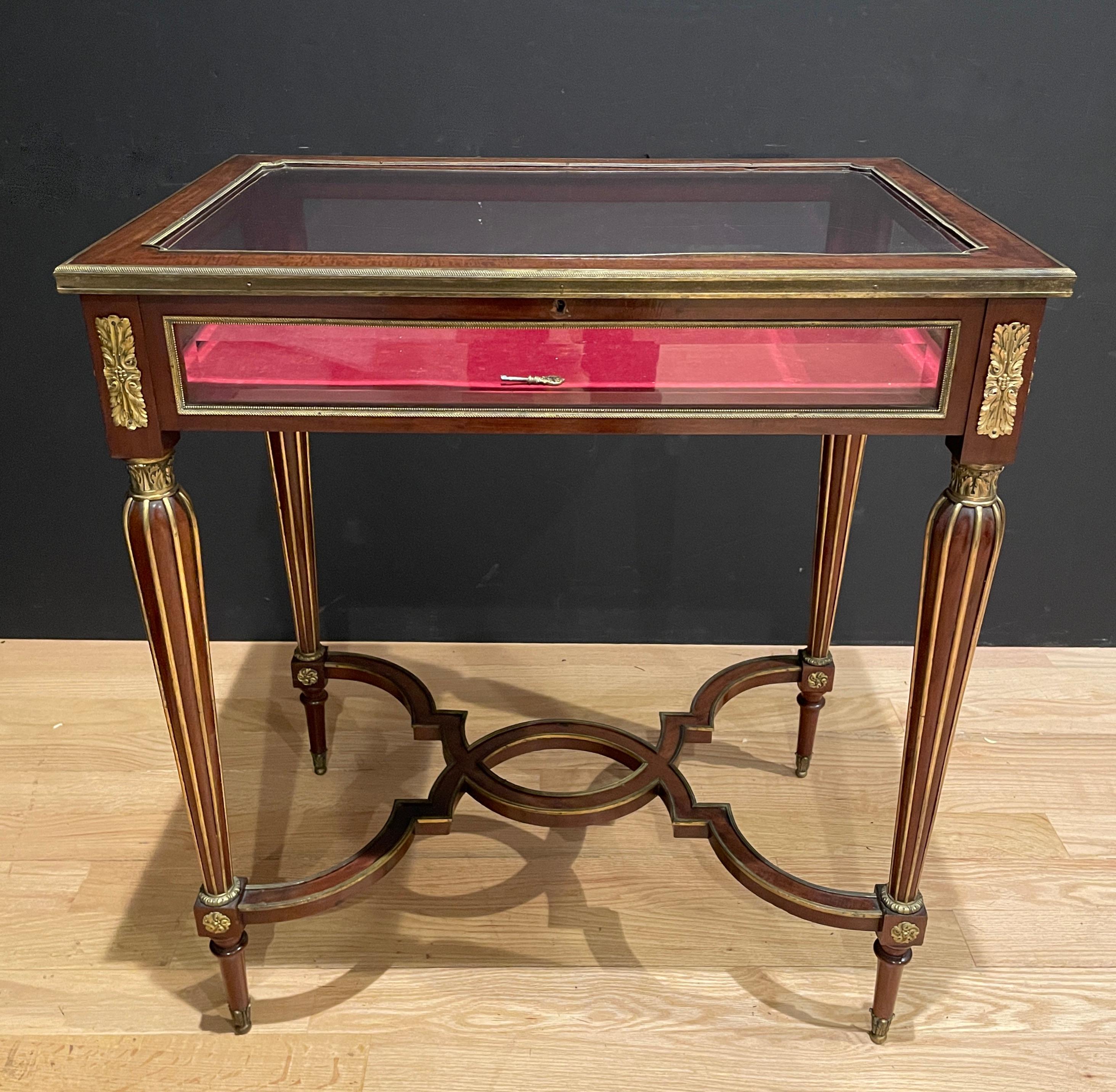 Fine quality 19th century gilt bronze mounted and glass vitrine table. Top and 4 sides of beveled glass with a red velvet lined interior. Burn mark on bottom for C. Mellier & Co. 

C. Mellier & Co 
 The firm of C. Mellier & Co. was founded by