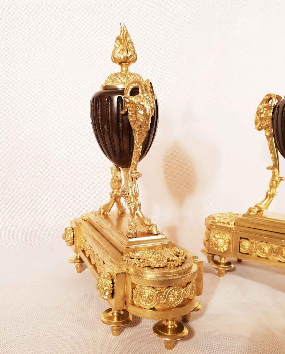 19th Century Louis XVI Gilt Bronze Ram Andirons, Set of 2 For Sale 2