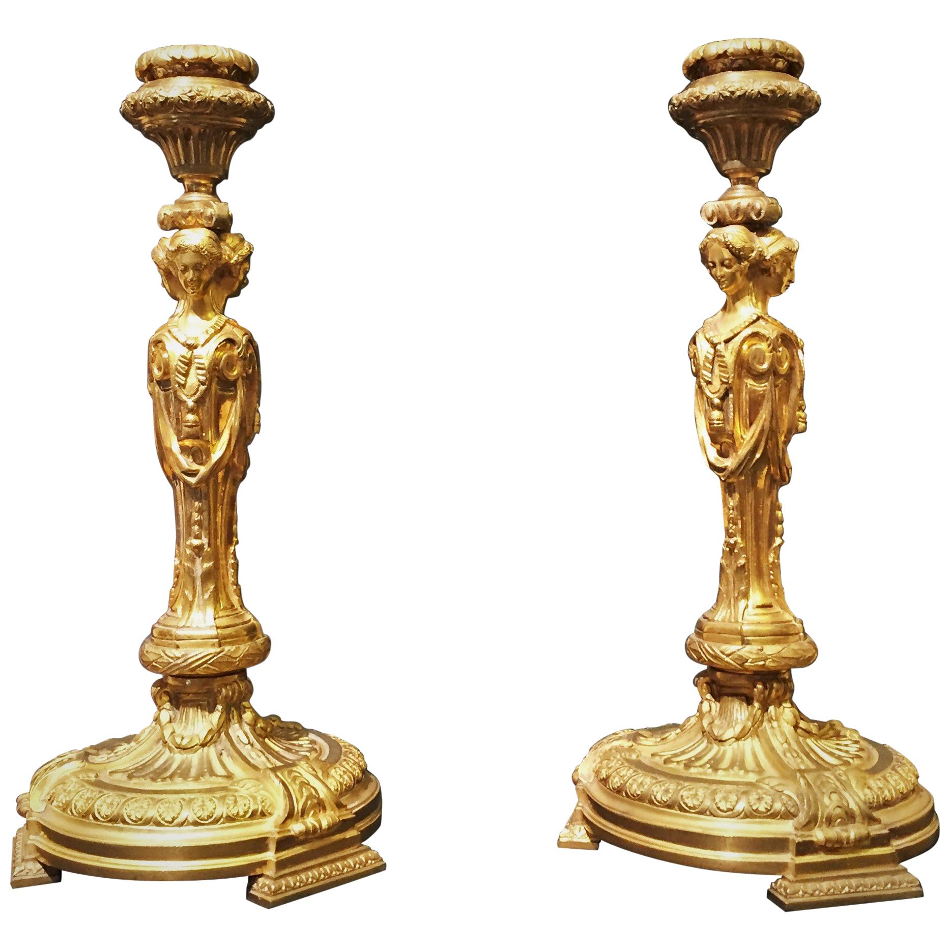 19th Century Louis XVI Gilted Bronze French Candlesticks