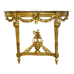 Console Demi-Lune in legno dorato del XIX secolo con piano in marmo di Carrara