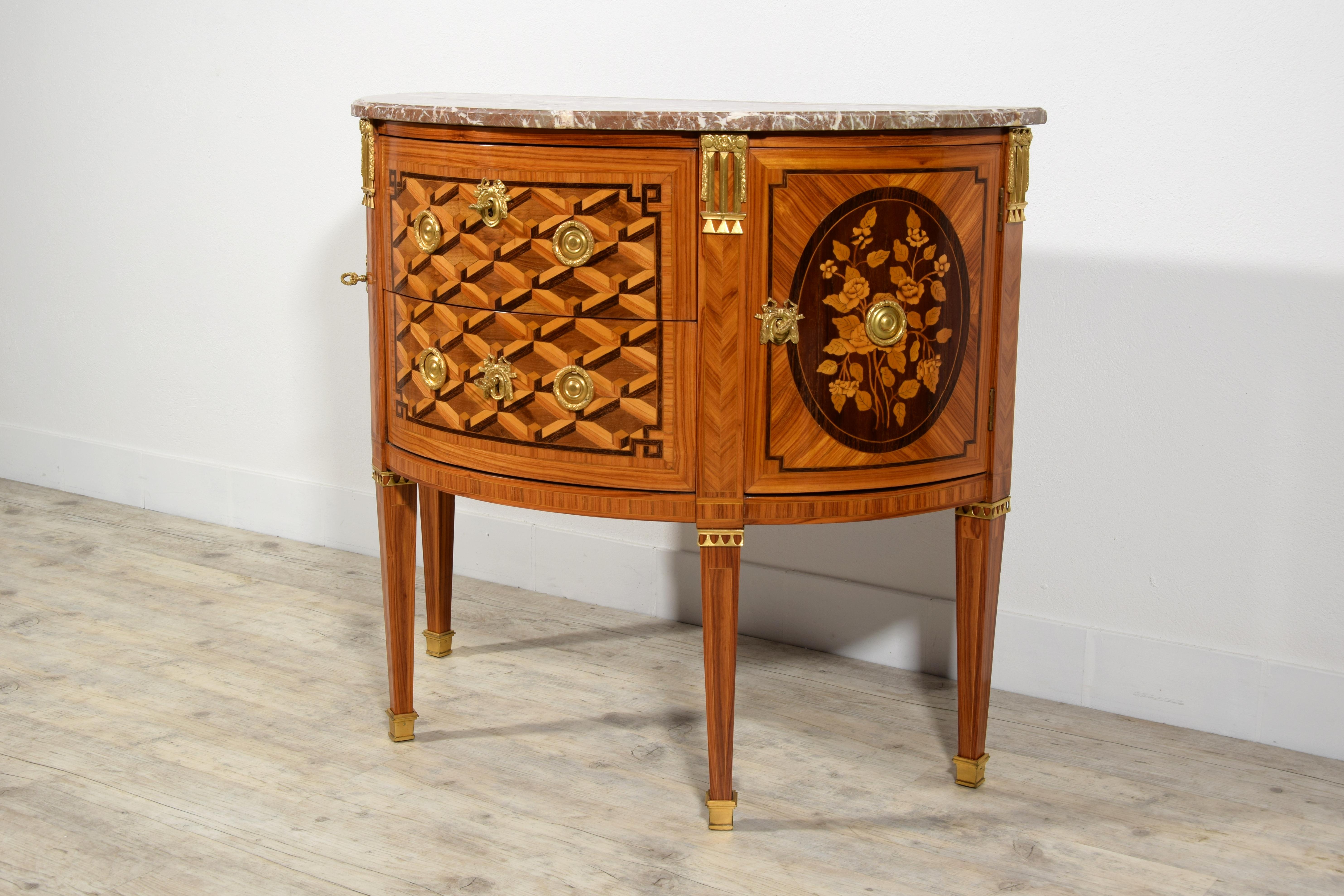 Fruitwood 19th Century, Louis XVI Half Moon Veneered and Inlaid Wood French Commode