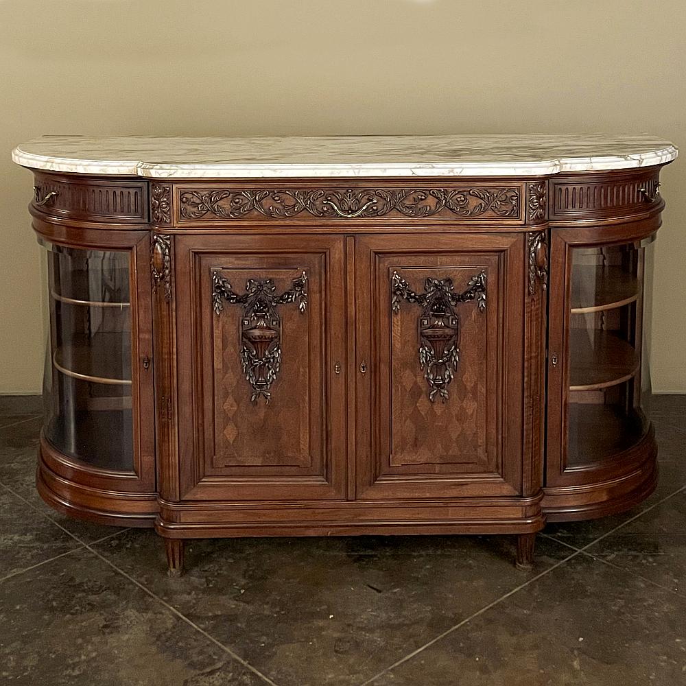 Hand-Carved 19th Century Louis XVI Marble Top Walnut Display Buffet by Kint of Gand For Sale