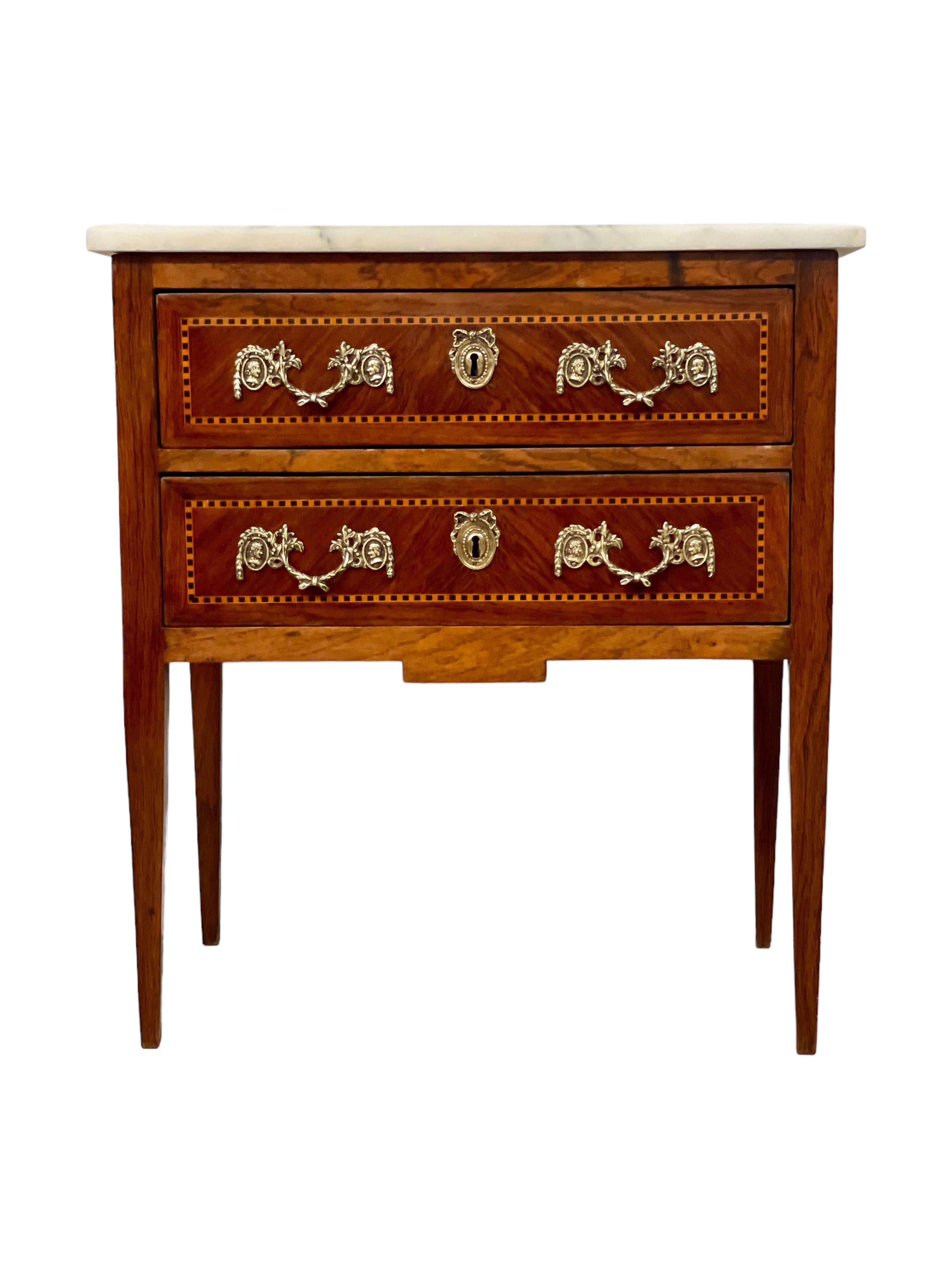 Brass 19th Century Louis XVI Marquetry Commode with Marble Top For Sale