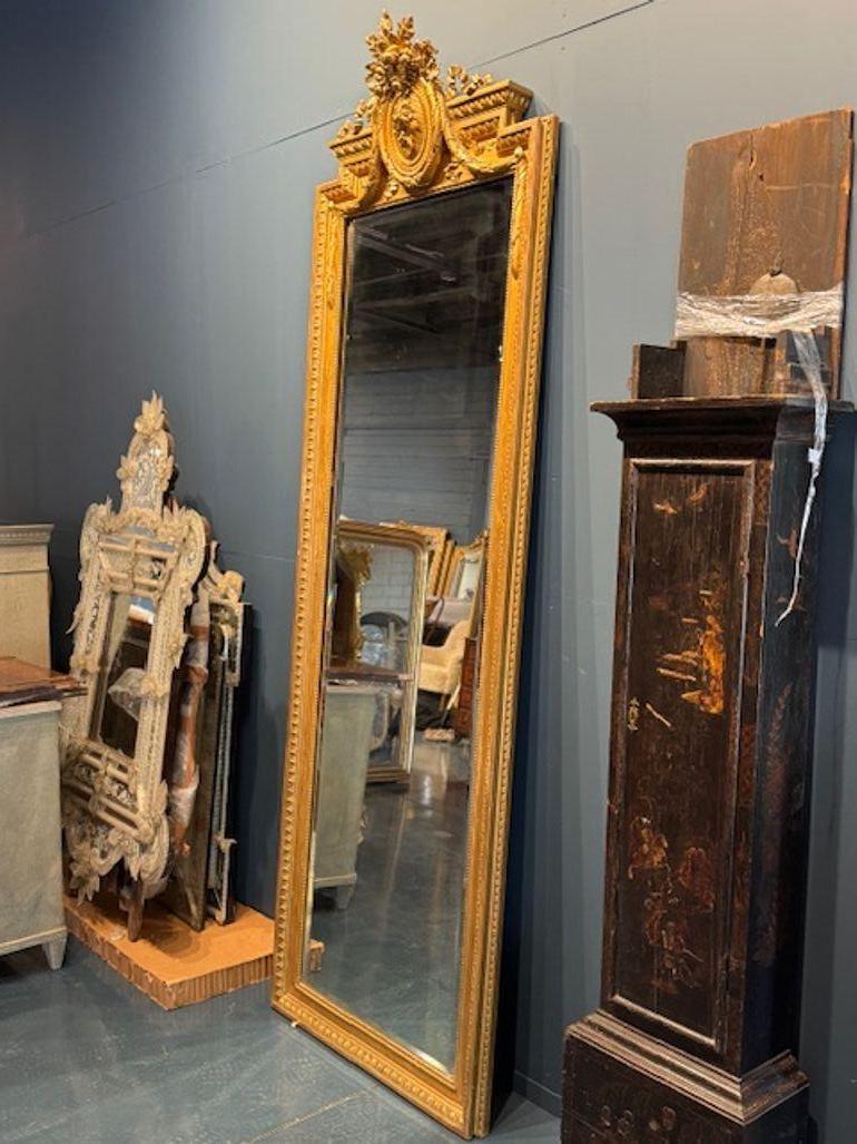 Specchio da terra Luigi XVI del XIX secolo, stretto, intagliato e in legno dorato In condizioni buone in vendita a Dallas, TX