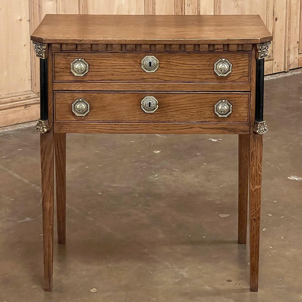 19th century Louis XVI neoclassical Petite Commode was hand-crafted from solid planks of old-growth oak and sycamore to last for centuries! The plank top features mitered corners underneath which appears a tier of dentil molding created from tiny