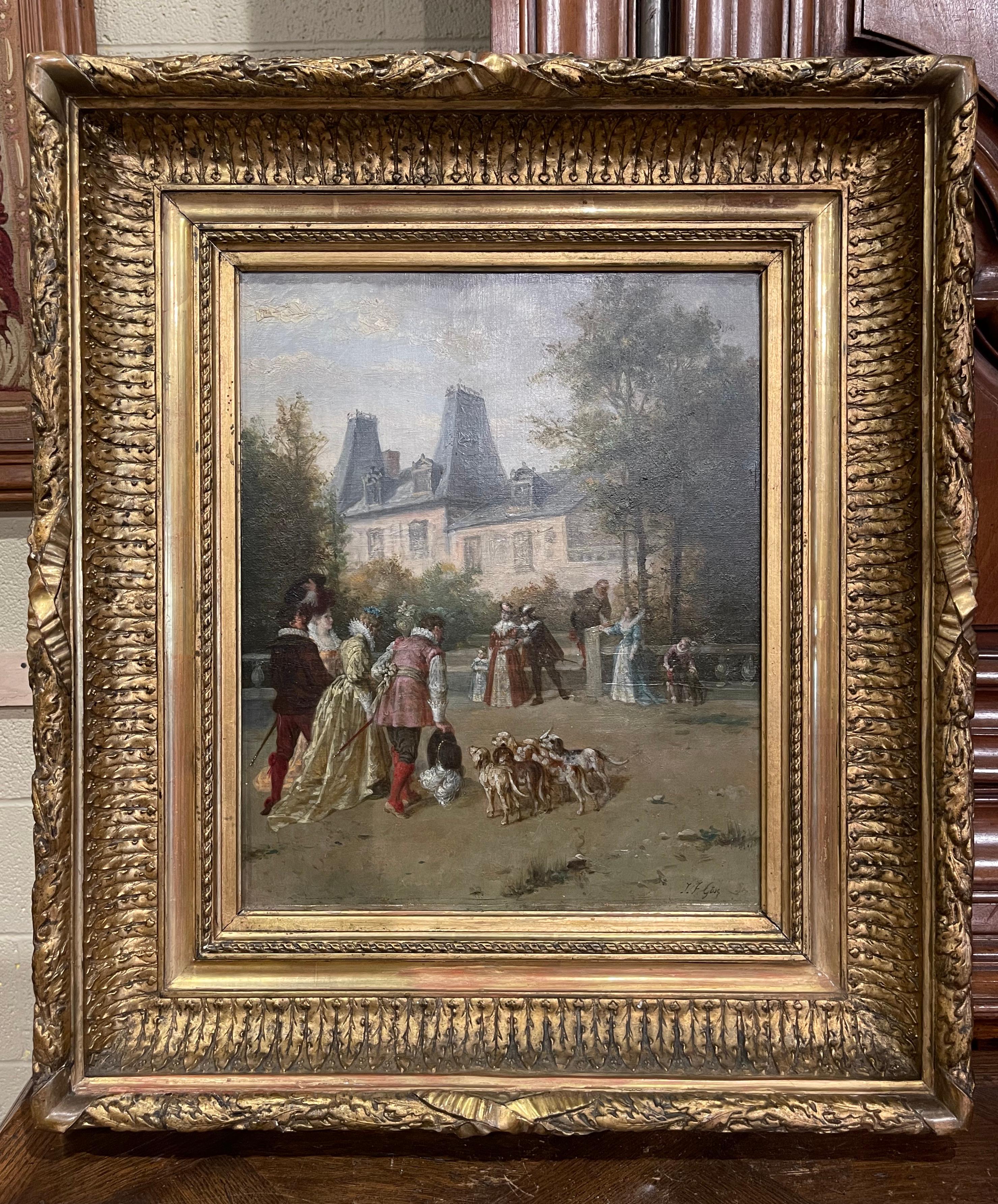 Hand-Carved 19th Century Louis XVI Oil on Canvas Pastoral Painting in Carved Gilt Frame