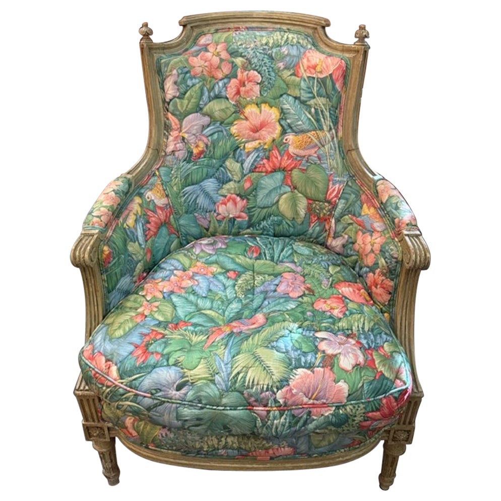 19th Century Louis XVI Painted Bergere with Palm Beach Fabric