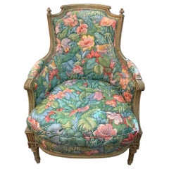 19th Century Louis XVI Painted Bergere with Palm Beach Fabric