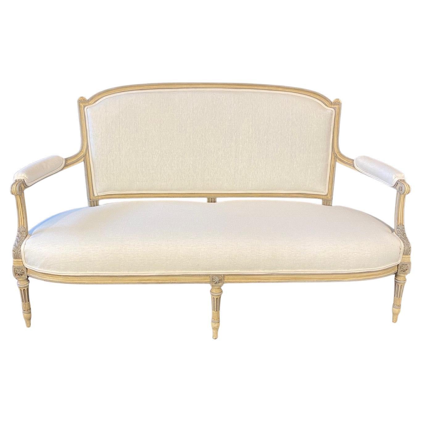 19th Century Louis XVI Painted Carved Wood & Newly Upholstered Sofa