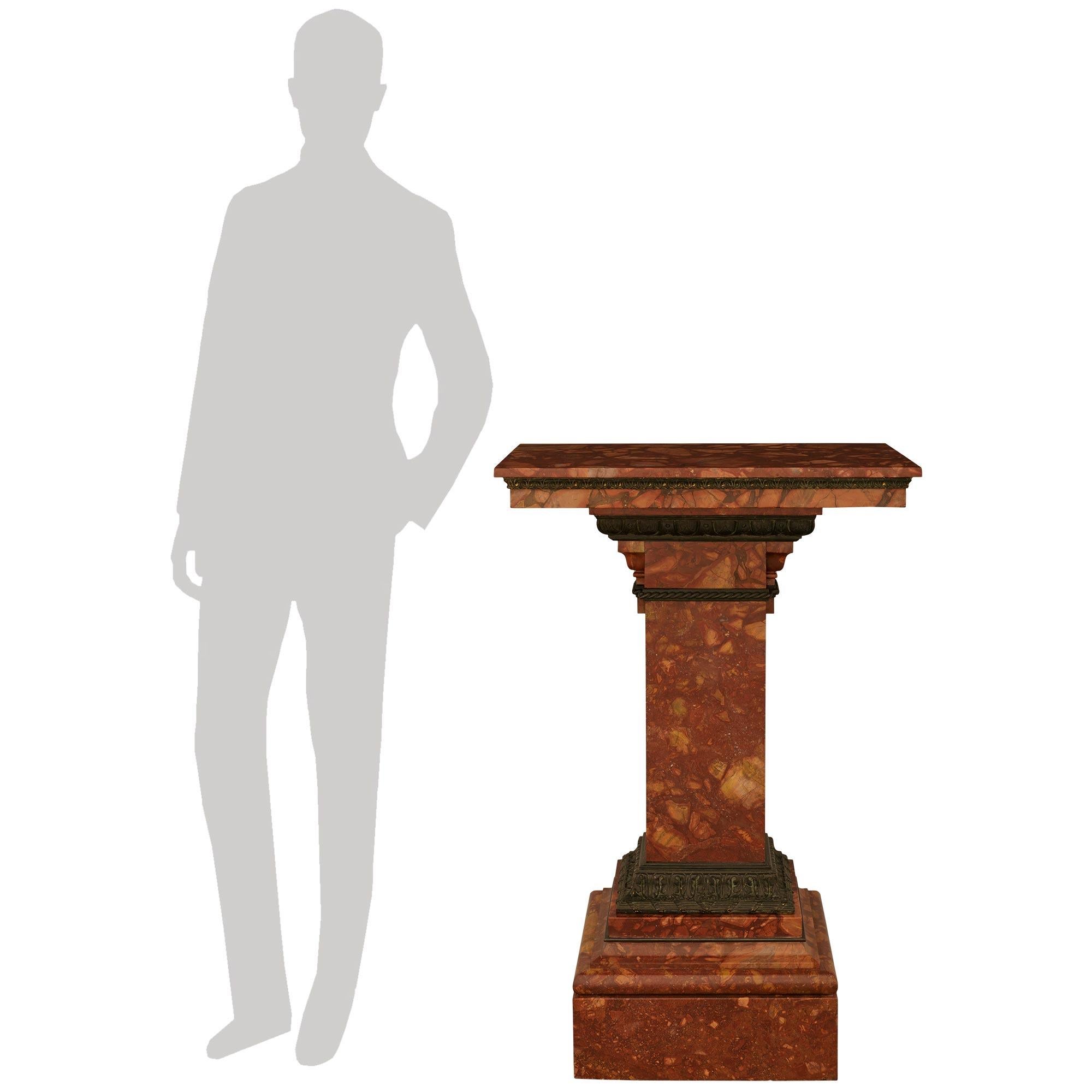 An impressive and high quality Continental 19th century Louis XVI st. Diaspro Tenero di Sicilia marble and patinated Bronze pedestal. This impressive pedestal is raised on a rectangular marble plinth with an ogee top edge. A delicate patinated