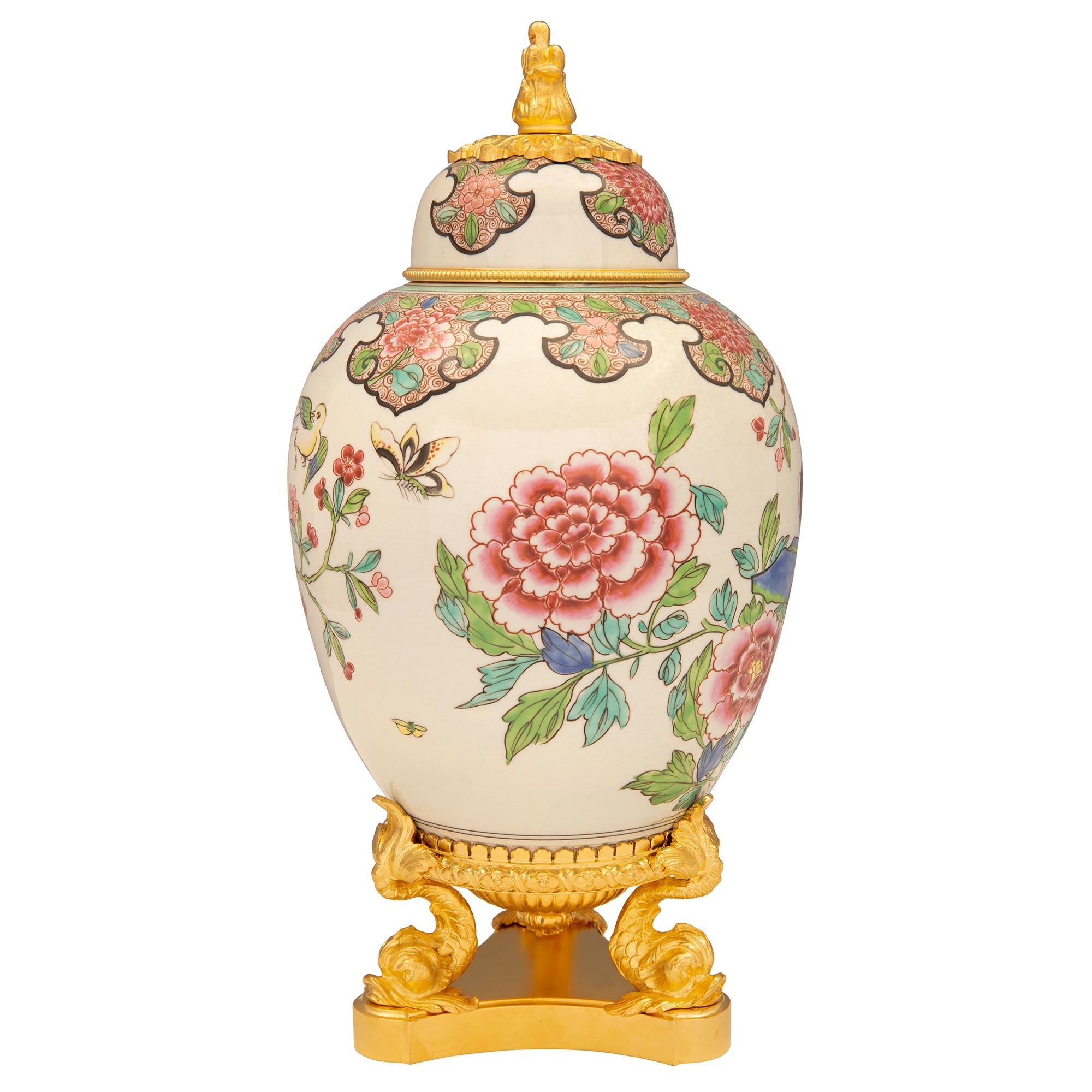19th Century Louis XVI St. Famille Rose Porcelain and Ormolu Lidded Vases In Good Condition For Sale In West Palm Beach, FL