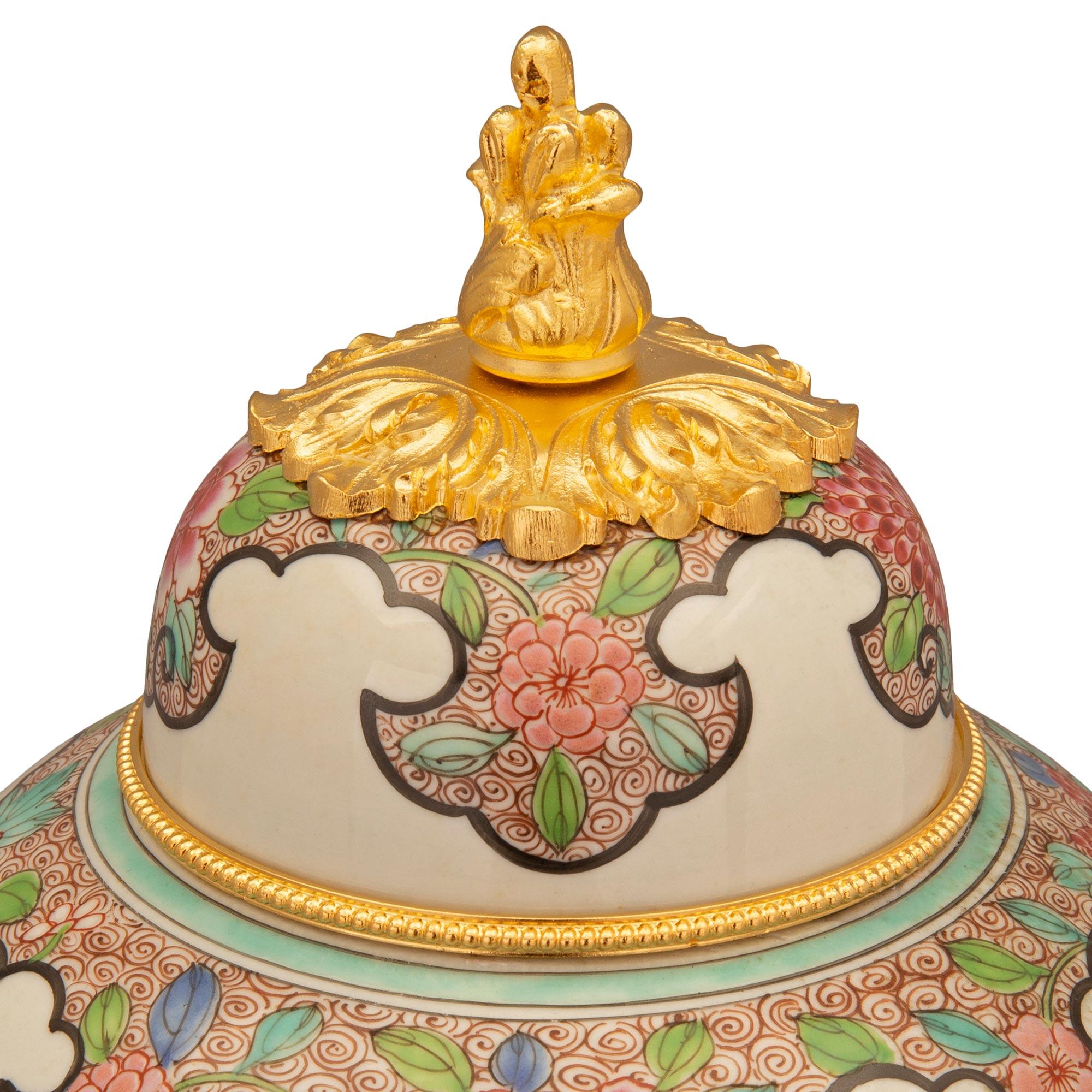 19th Century Louis XVI St. Famille Rose Porcelain and Ormolu Lidded Vases For Sale 1