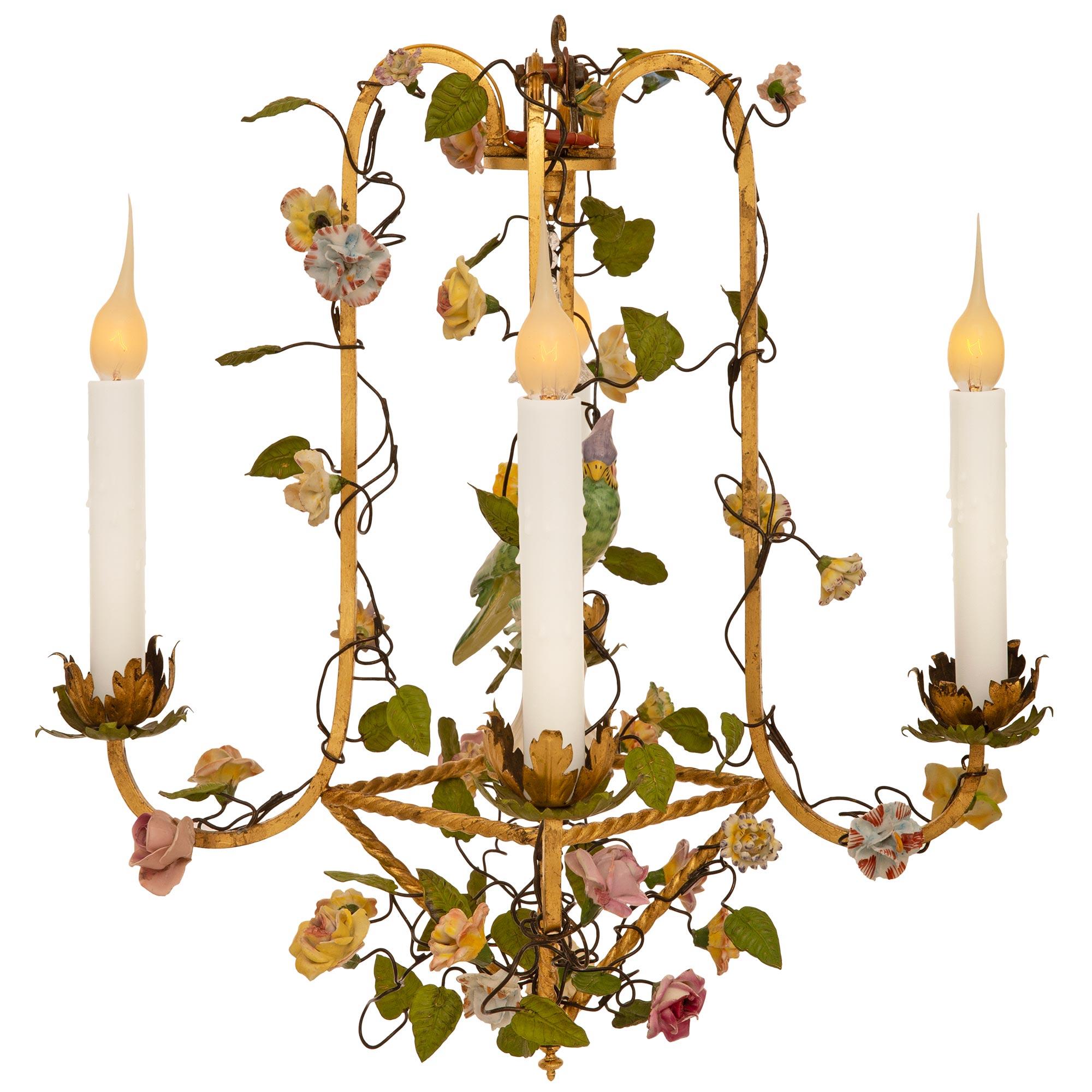 Unknown 19th century Louis XVI st. Gilt Metal, Tole, Glass, and Porcelain chandelier For Sale