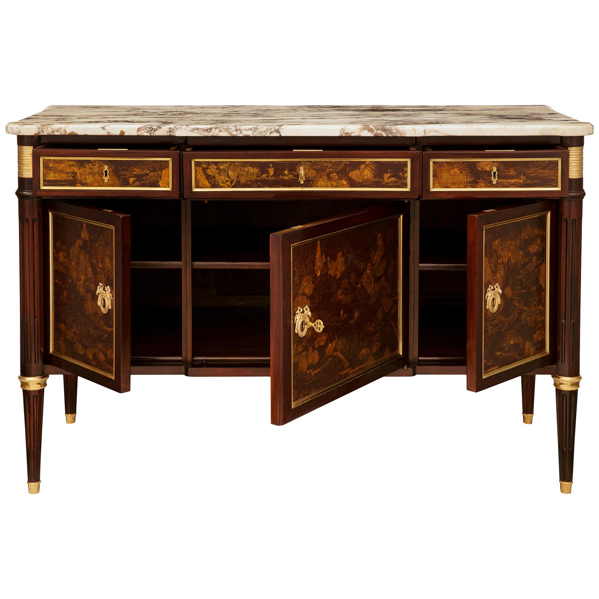 French 19th century Louis XVI st. Mahogany, Ormolu, Japanese Lacquer and marble buffet For Sale