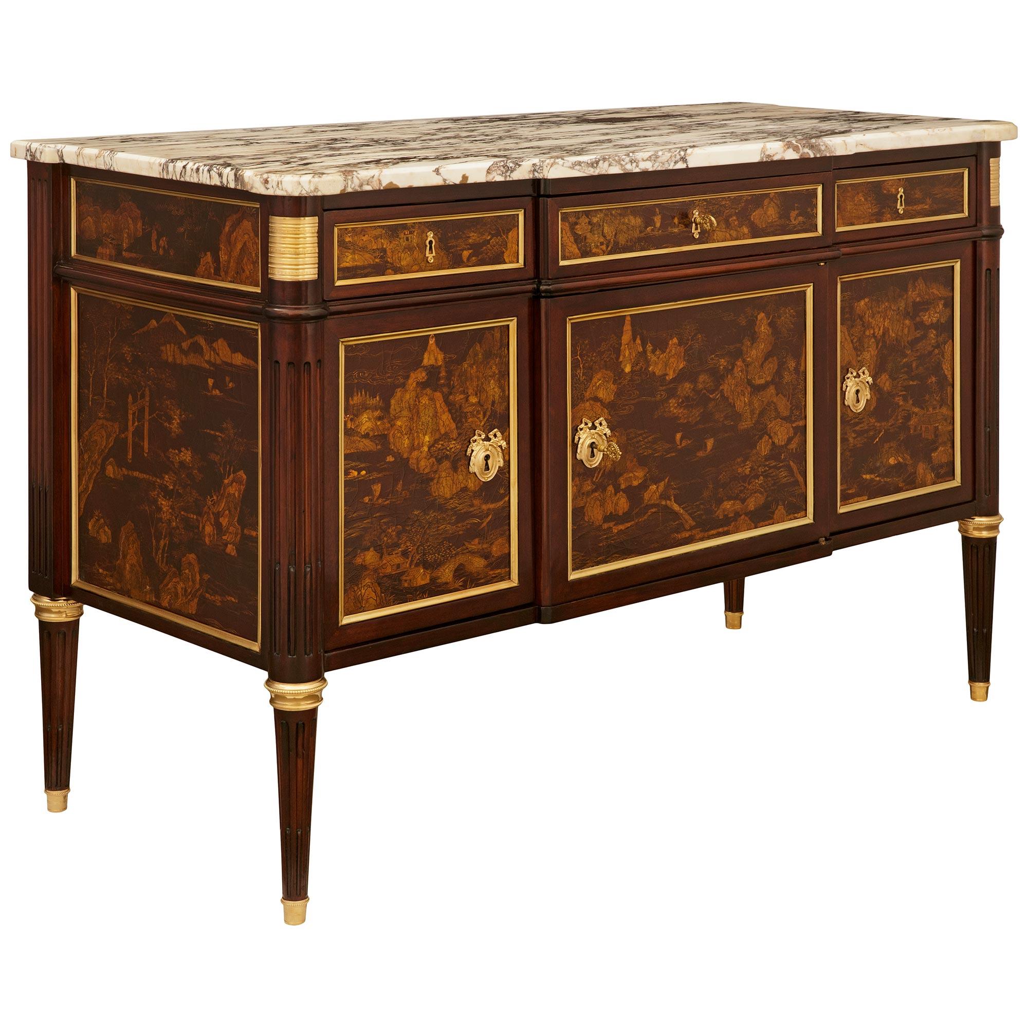 19th century Louis XVI st. Mahogany, Ormolu, Japanese Lacquer and marble buffet In Good Condition For Sale In West Palm Beach, FL