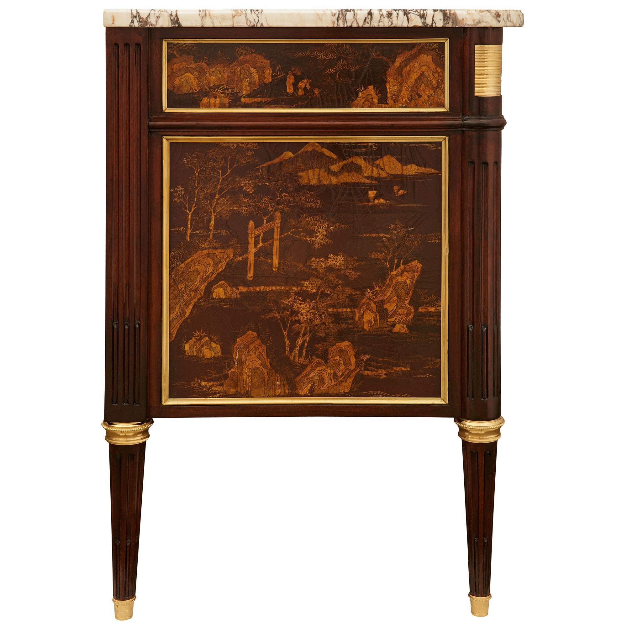19th Century 19th century Louis XVI st. Mahogany, Ormolu, Japanese Lacquer and marble buffet For Sale