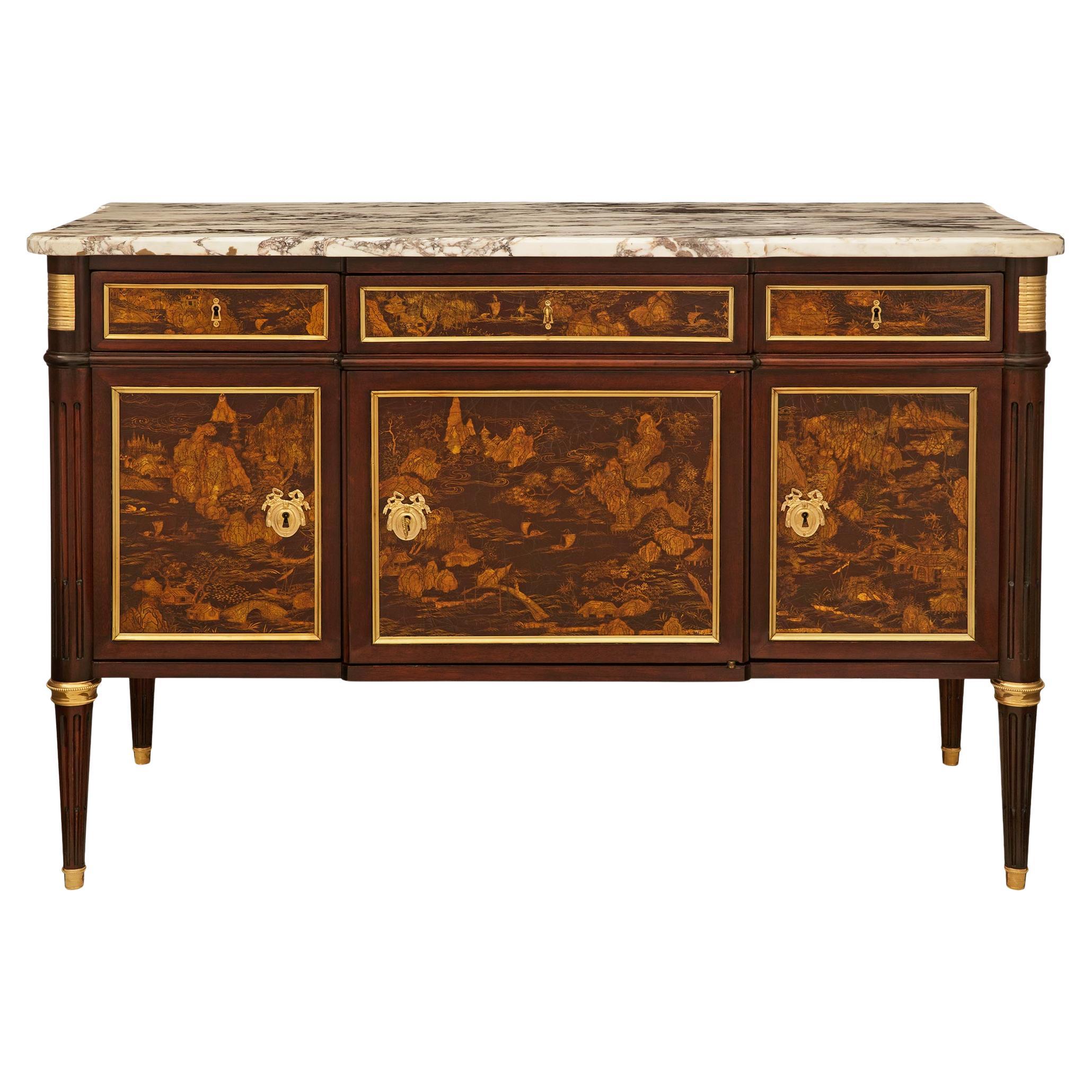 19th century Louis XVI st. Mahogany, Ormolu, Japanese Lacquer and marble buffet For Sale