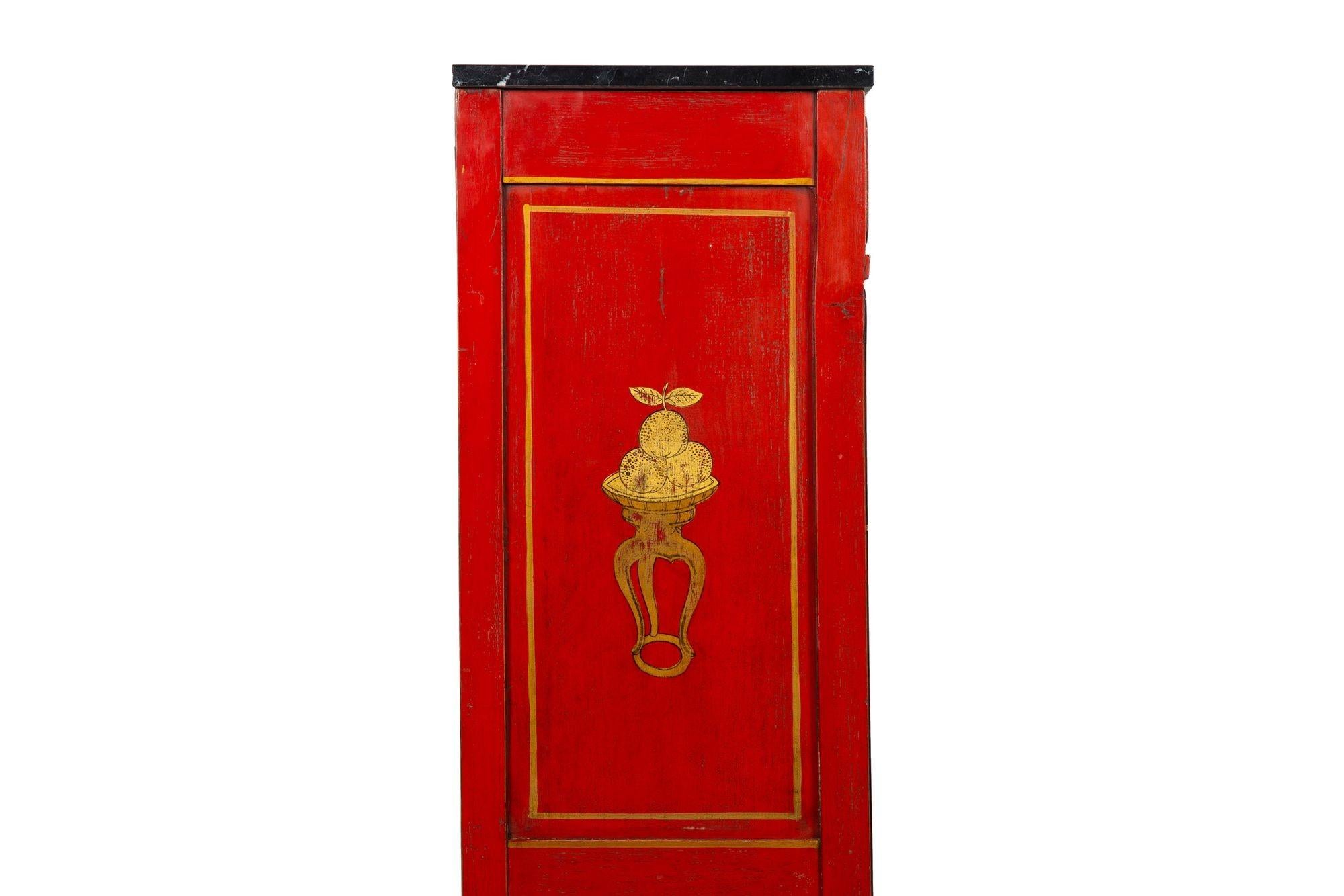 Brass 19th Century Louis XVI Style Antique French Red Chinoiserie Fall-Front Desk