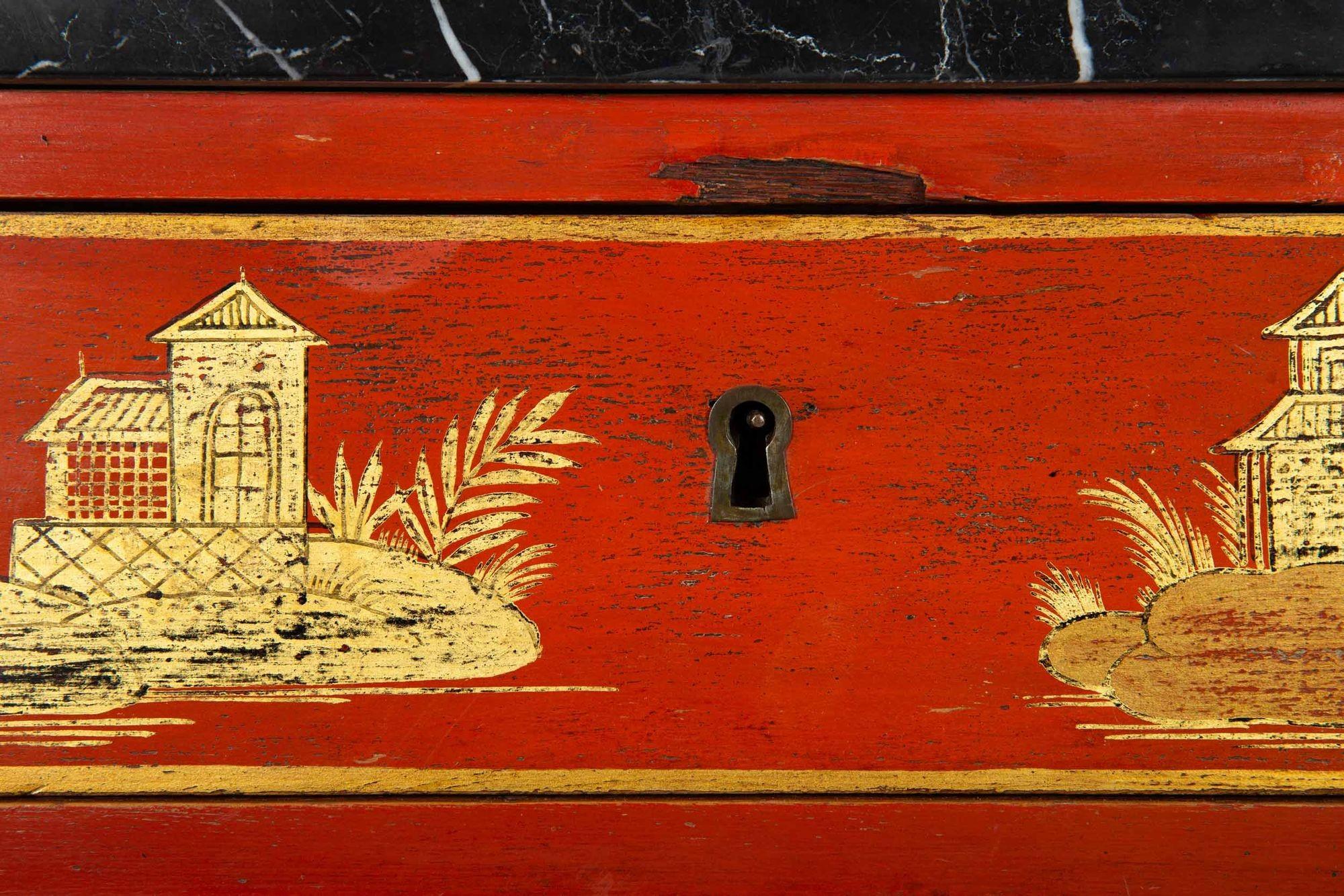 Bureau d'automne de style Louis XVI du 19ème siècle, rouge chinoiserie française ancienne 4