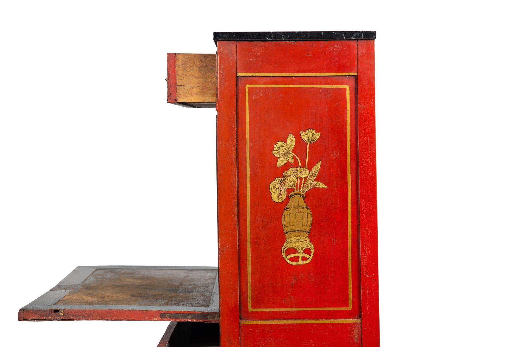 Gilt 19th Century Louis XVI Style Antique French Red Chinoiserie Fall-Front Desk